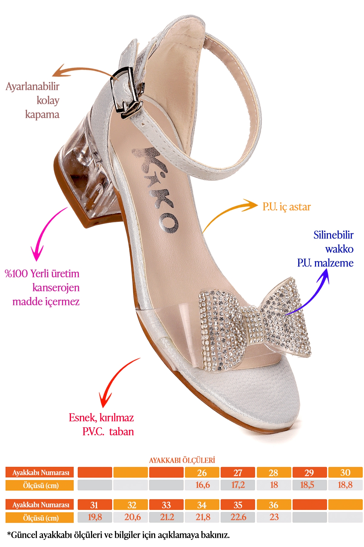 Tire Vakko Kız Çocuk 4 Cm Şeffaf Topuklu Sandalet Abiye Ayakkabı Sedef - Görsel 3