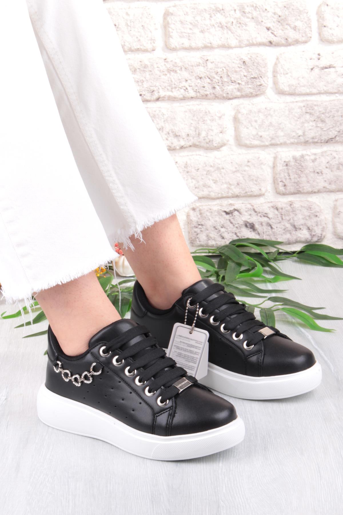07335 Flet Zincir Aksesuar Bağcıklı Kalın Taban Sneaker Kadın Ayakkabı - Görsel 2