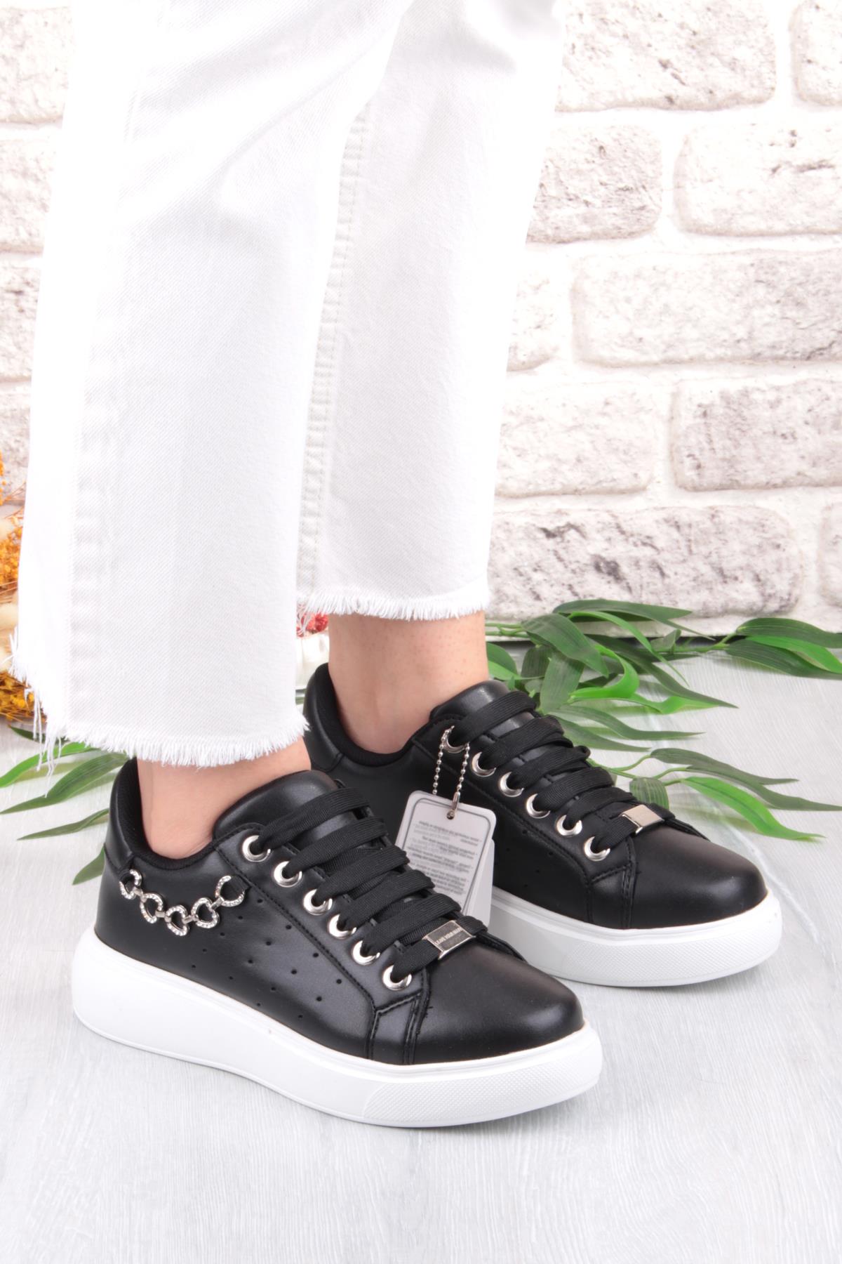 07335 Flet Zincir Aksesuar Bağcıklı Kalın Taban Sneaker Kadın Ayakkabı - Görsel 3
