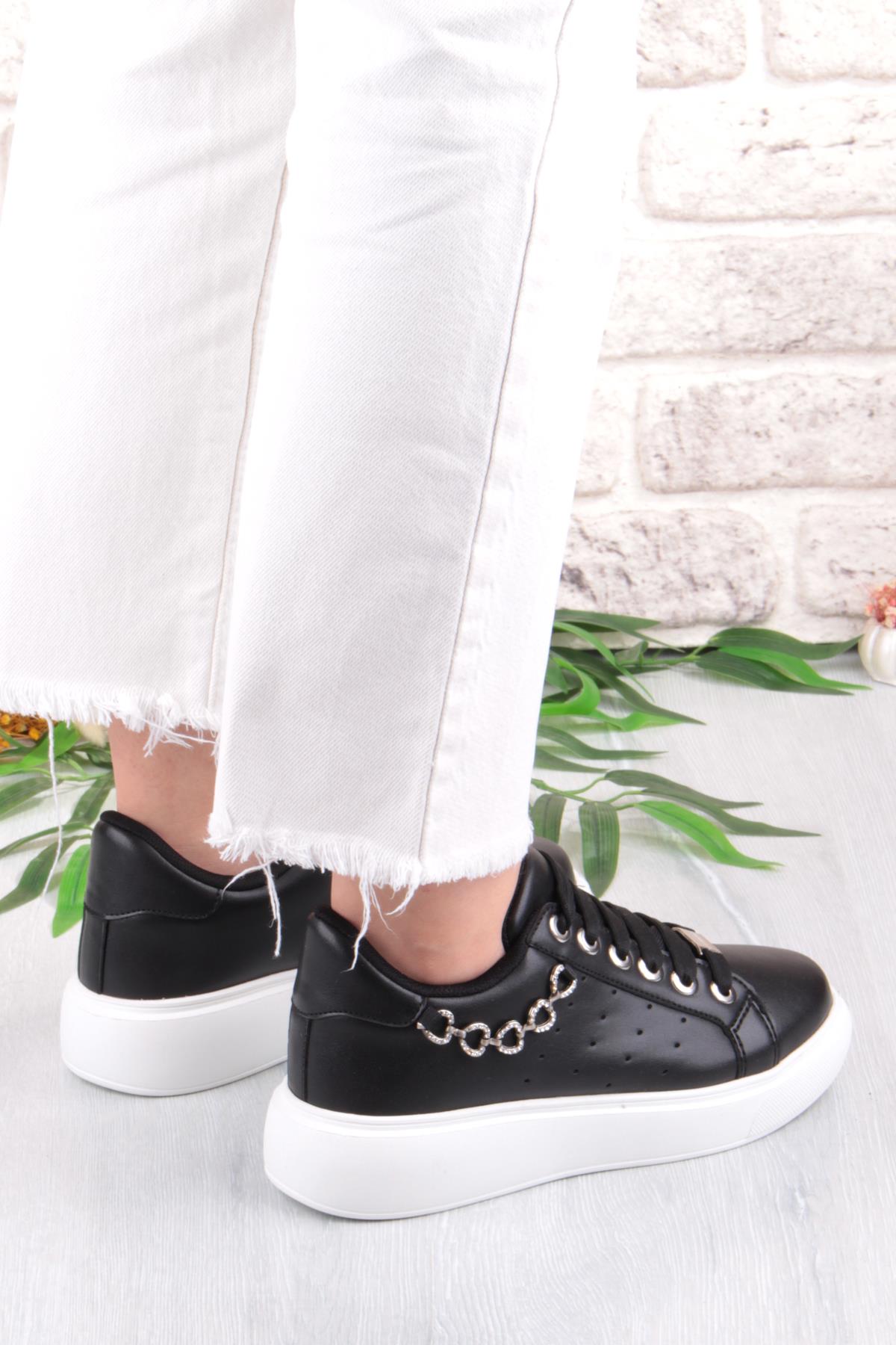 07335 Flet Zincir Aksesuar Bağcıklı Kalın Taban Sneaker Kadın Ayakkabı - Görsel 4