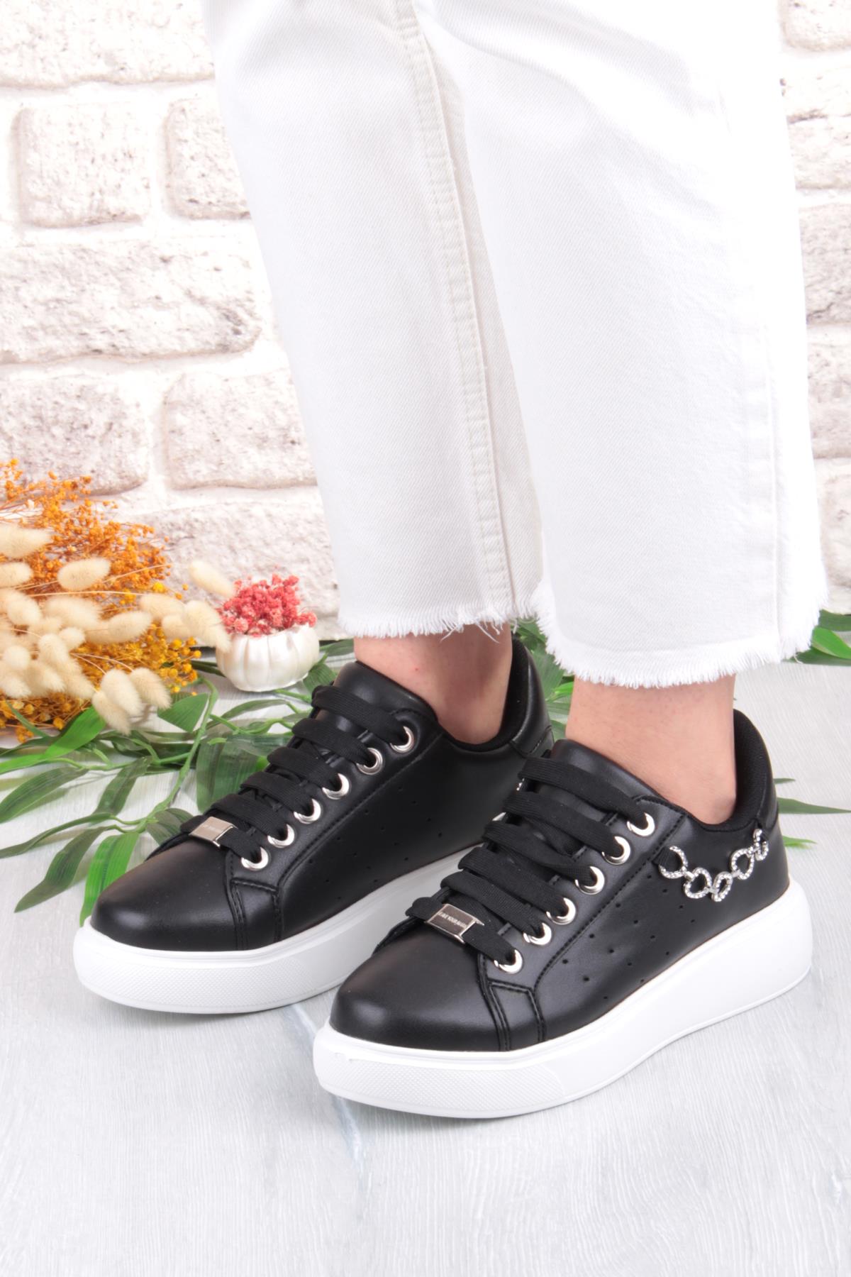 07335 Flet Zincir Aksesuar Bağcıklı Kalın Taban Sneaker Kadın Ayakkabı - Görsel 5