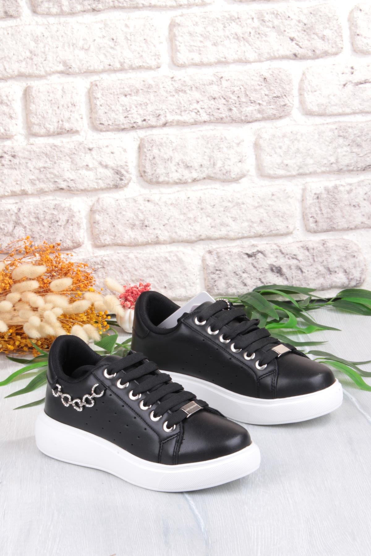 07335 Flet Zincir Aksesuar Bağcıklı Kalın Taban Sneaker Kadın Ayakkabı - Görsel 6
