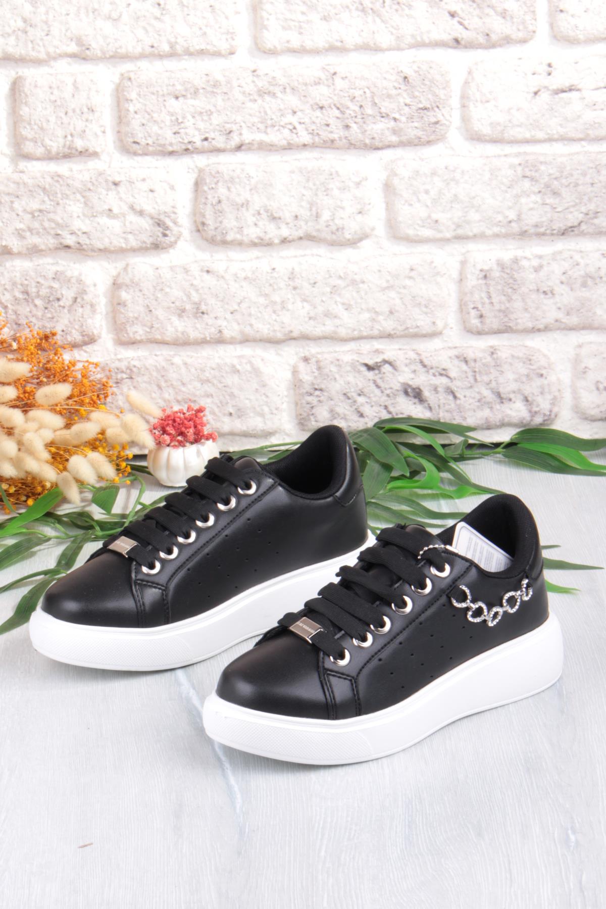 07335 Flet Zincir Aksesuar Bağcıklı Kalın Taban Sneaker Kadın Ayakkabı - Görsel 7