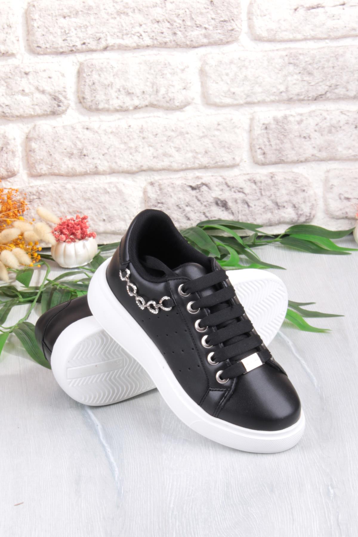 07335 Flet Zincir Aksesuar Bağcıklı Kalın Taban Sneaker Kadın Ayakkabı - Görsel 8