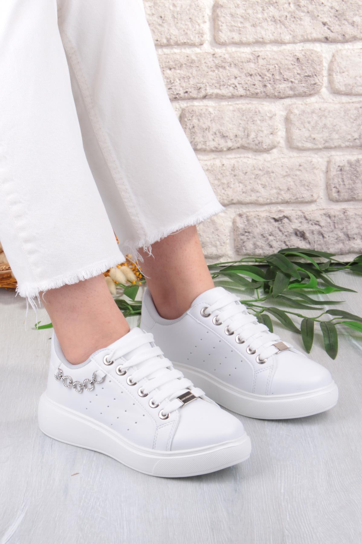 07335 Flet Zincir Aksesuar Bağcıklı Kalın Taban Sneaker Kadın Ayakkabı - Görsel 2