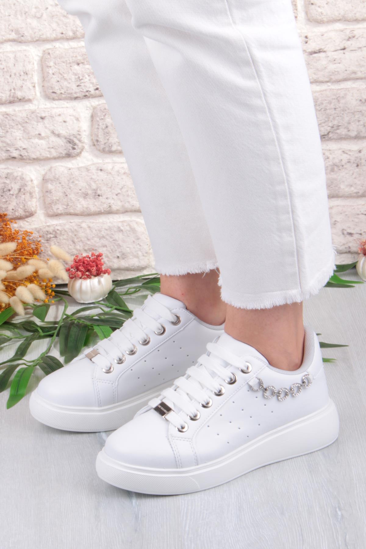 07335 Flet Zincir Aksesuar Bağcıklı Kalın Taban Sneaker Kadın Ayakkabı - Görsel 3