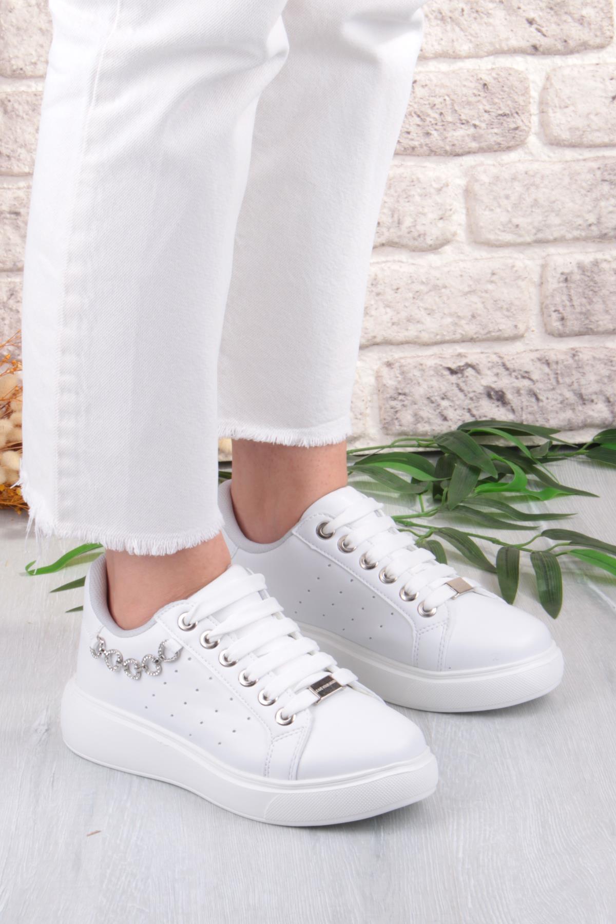 07335 Flet Zincir Aksesuar Bağcıklı Kalın Taban Sneaker Kadın Ayakkabı - Görsel 4