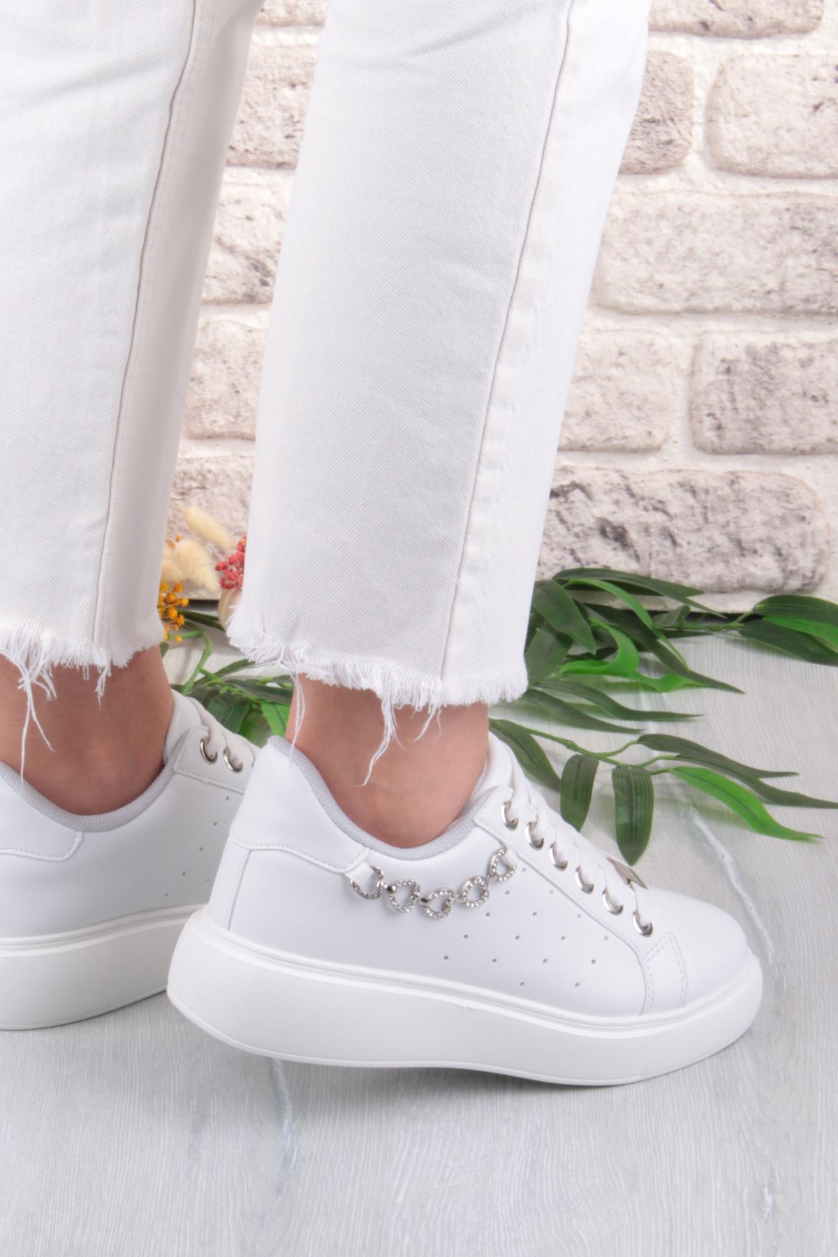 07335 Flet Zincir Aksesuar Bağcıklı Kalın Taban Sneaker Kadın Ayakkabı - Görsel 5