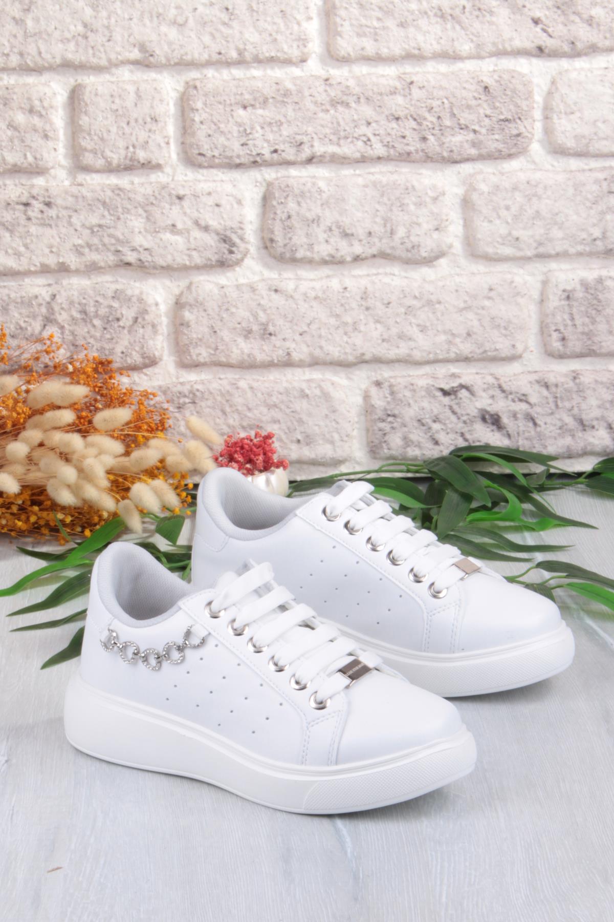 07335 Flet Zincir Aksesuar Bağcıklı Kalın Taban Sneaker Kadın Ayakkabı - Görsel 6