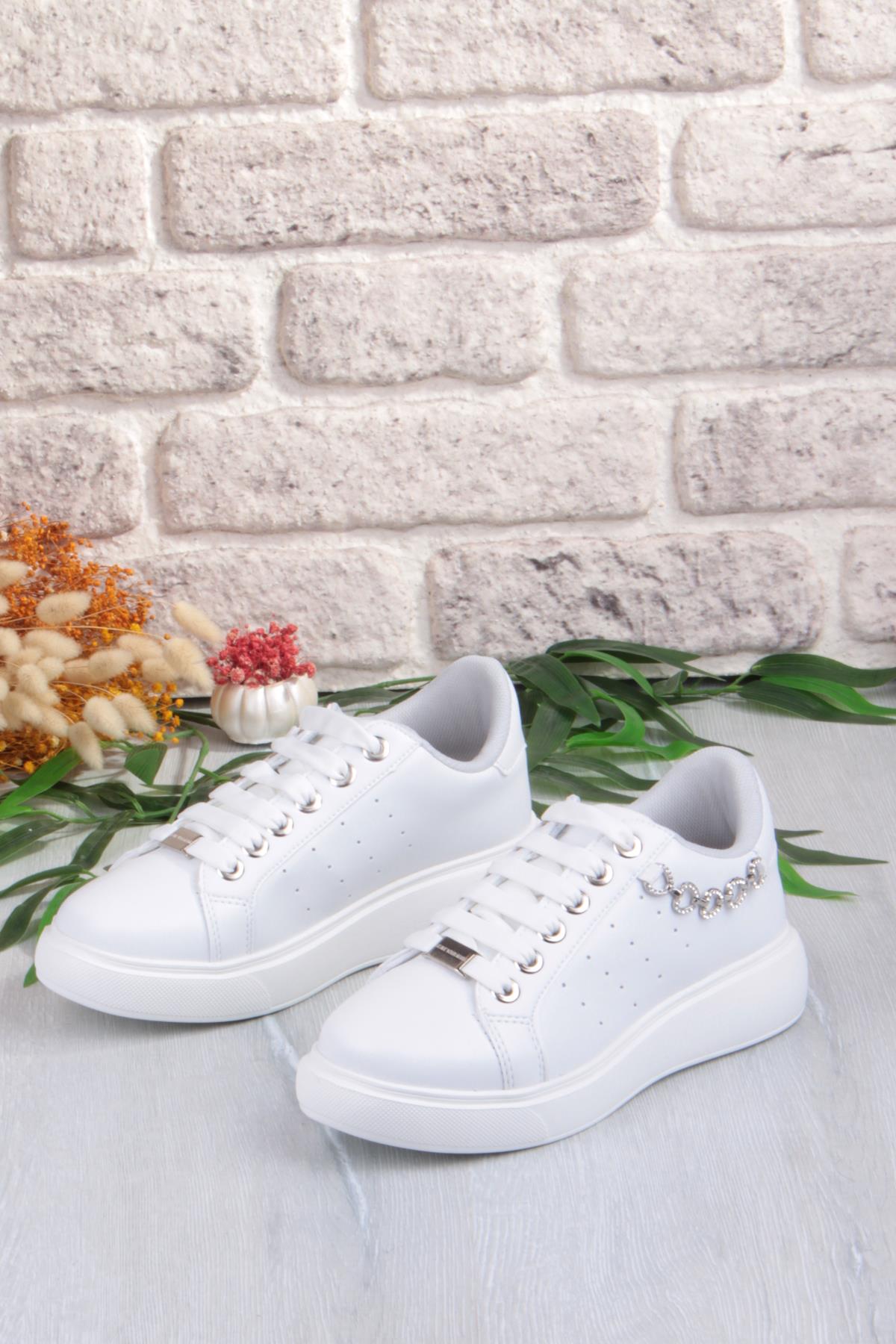 07335 Flet Zincir Aksesuar Bağcıklı Kalın Taban Sneaker Kadın Ayakkabı - Görsel 7