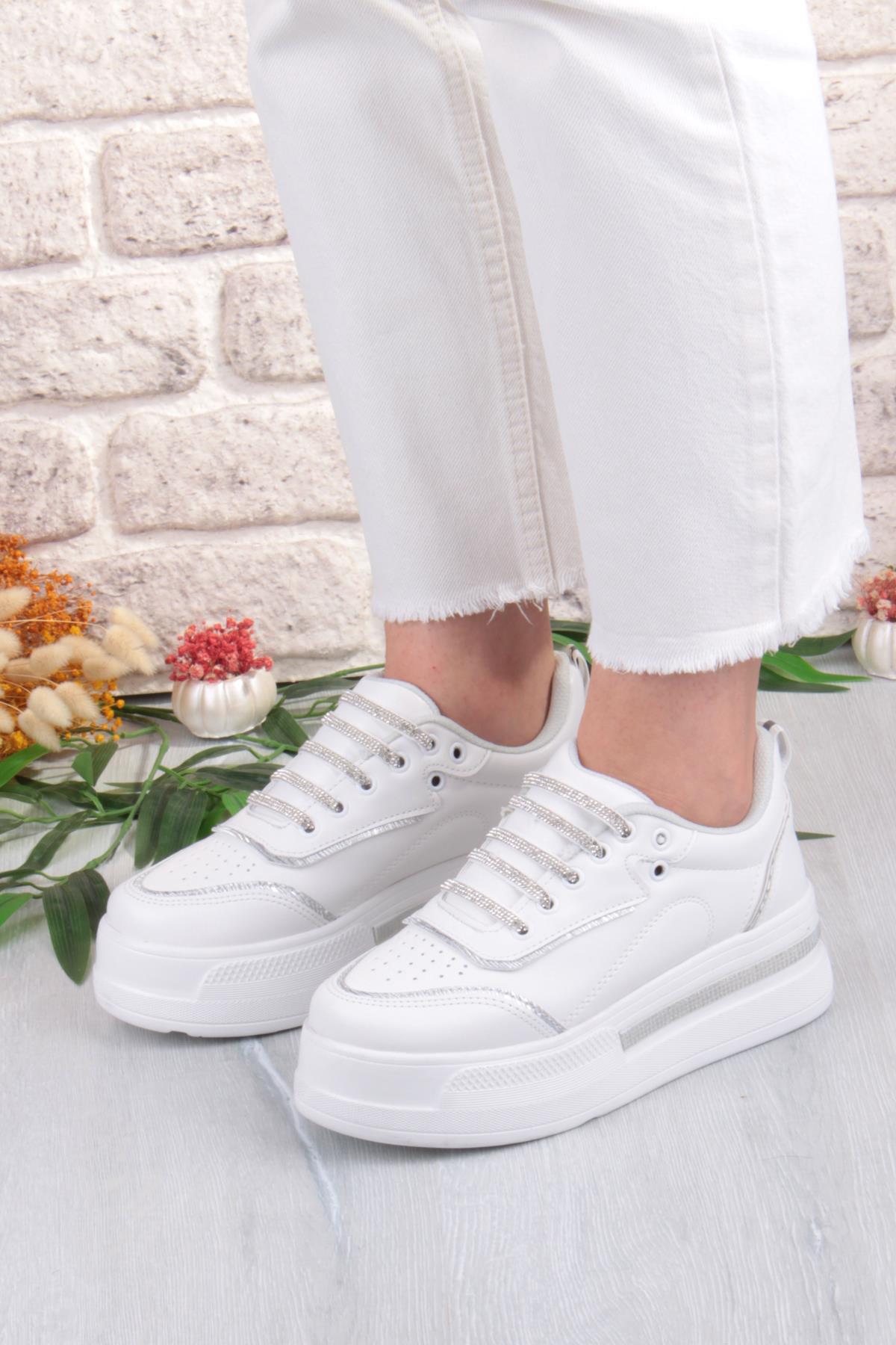 07319 Flet Taş Aksesuar Bağcıklı Kalın Taban Sneaker Kadın Ayakkabı - Görsel 3