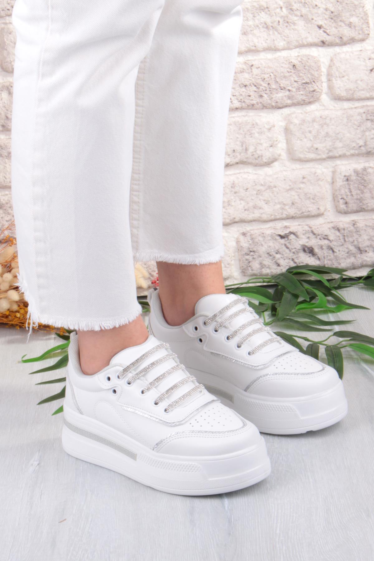 07319 Flet Taş Aksesuar Bağcıklı Kalın Taban Sneaker Kadın Ayakkabı - Görsel 4