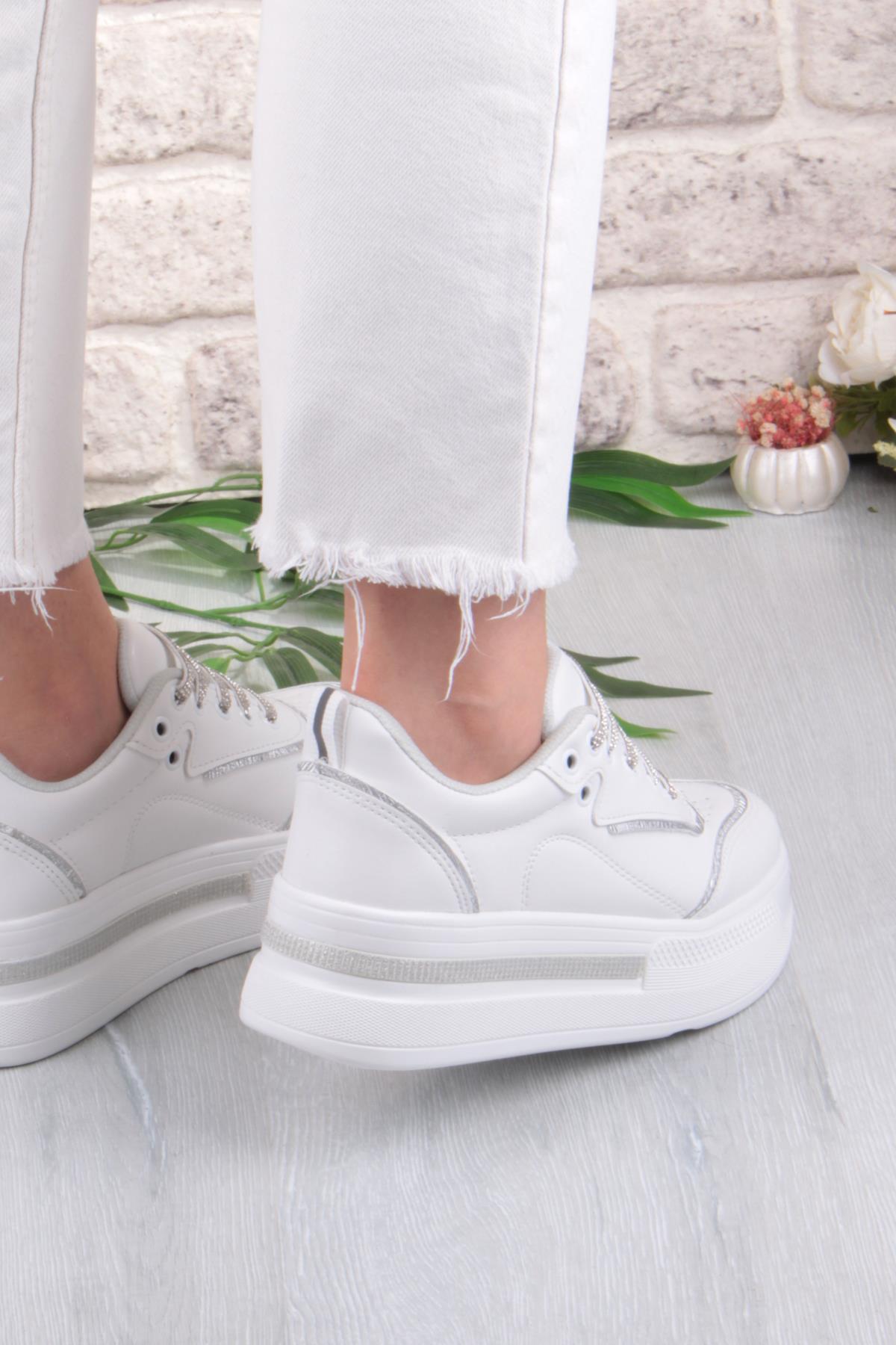 07319 Flet Taş Aksesuar Bağcıklı Kalın Taban Sneaker Kadın Ayakkabı - Görsel 5