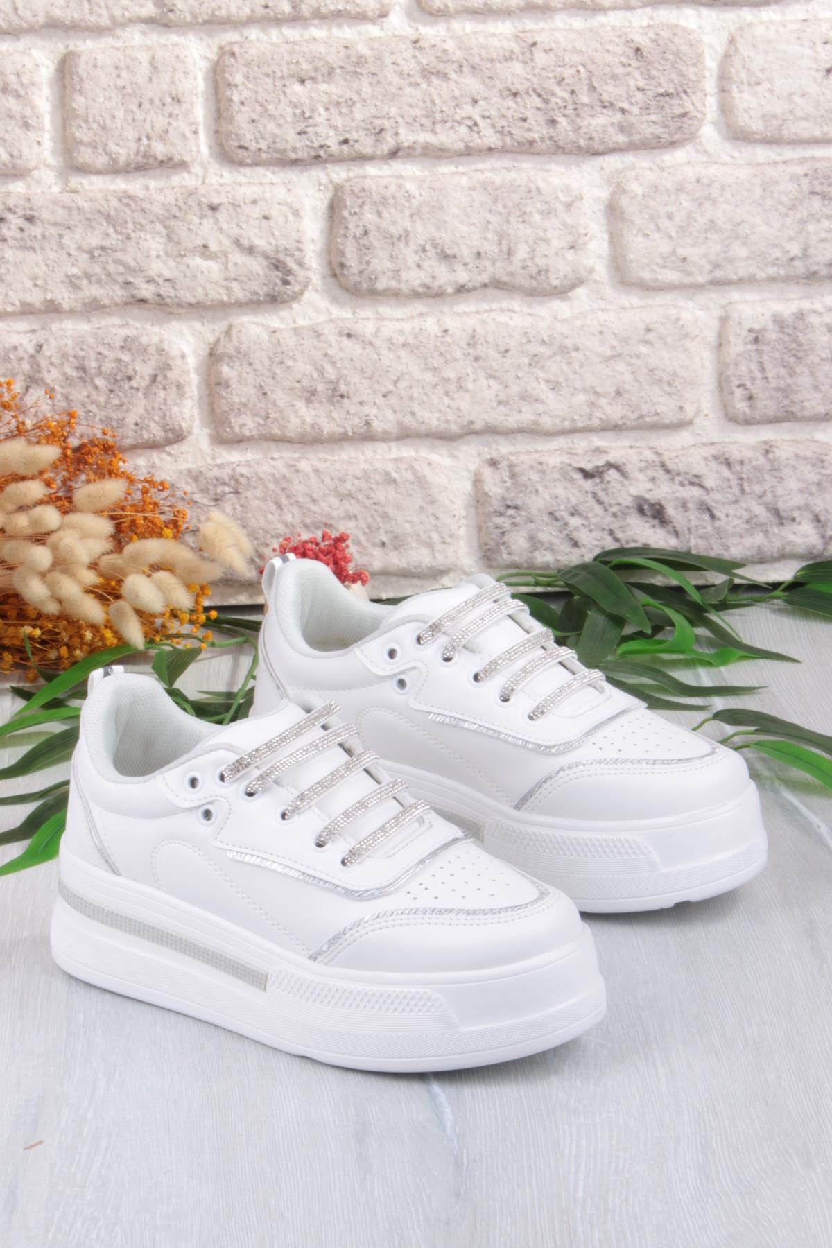 07319 Flet Taş Aksesuar Bağcıklı Kalın Taban Sneaker Kadın Ayakkabı - Görsel 6