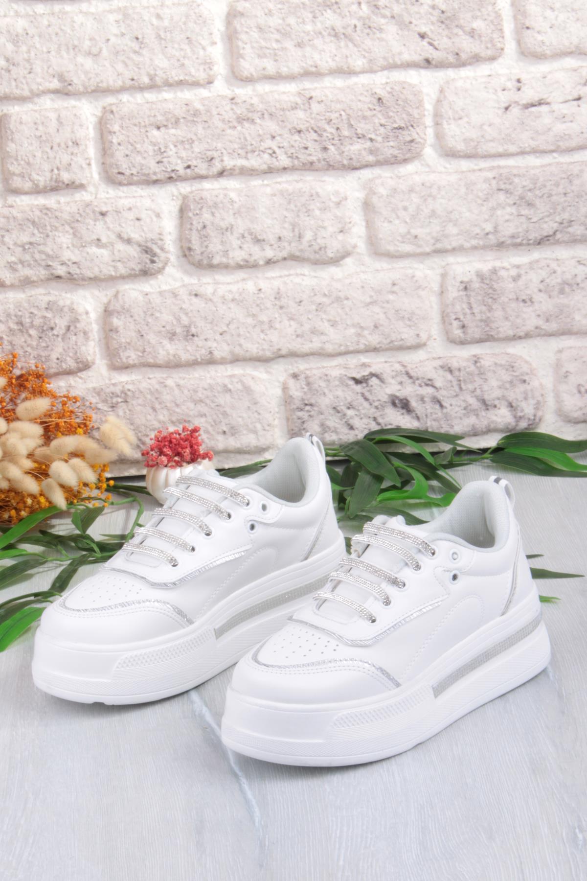 07319 Flet Taş Aksesuar Bağcıklı Kalın Taban Sneaker Kadın Ayakkabı - Görsel 7