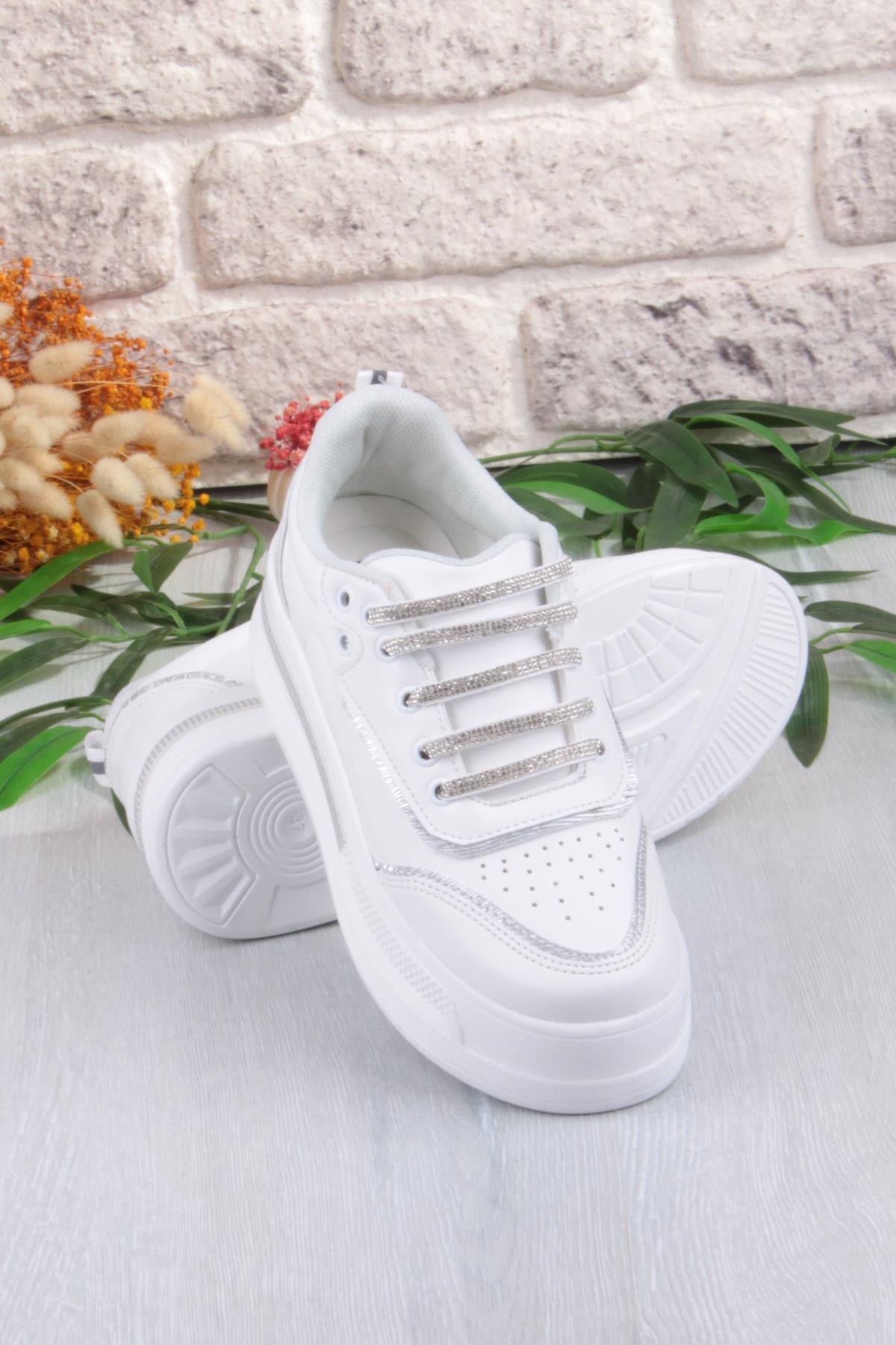 07319 Flet Taş Aksesuar Bağcıklı Kalın Taban Sneaker Kadın Ayakkabı - Görsel 8