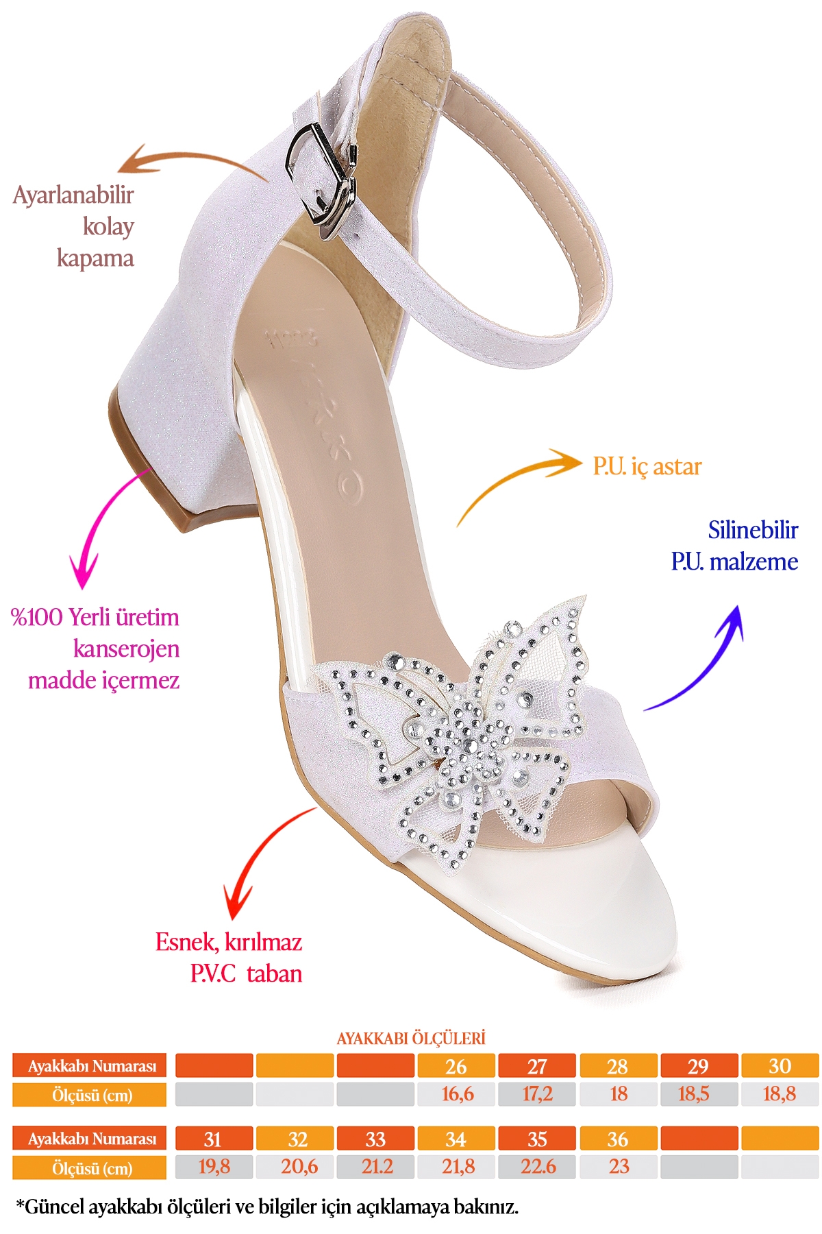 Zete Kum Simli Kız Çocuk 4 Cm Topuklu Sandalet Abiye Ayakkabı Beyaz - Görsel 3