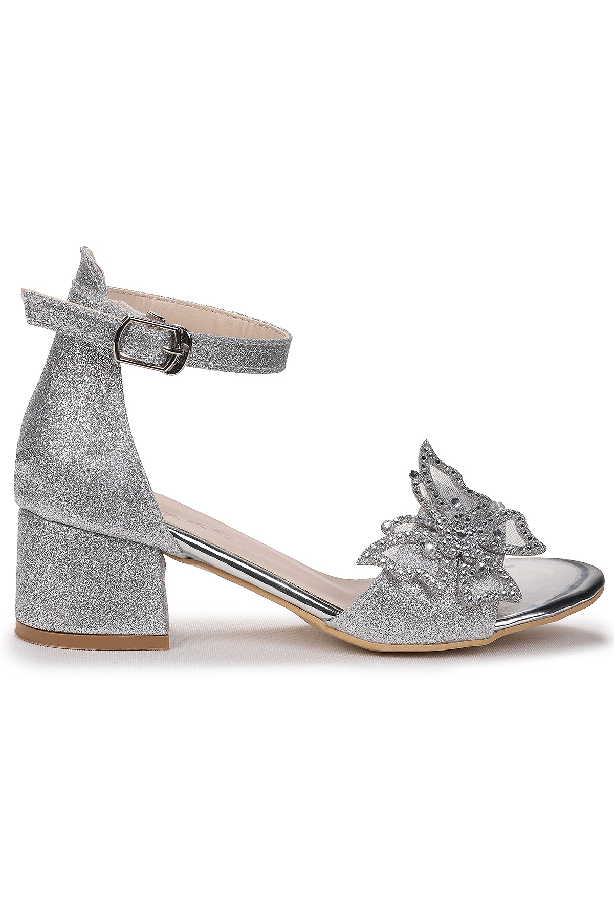 Zete Kum Simli Kız Çocuk 4 Cm Topuklu Sandalet Abiye Ayakkabı Gümüş - Görsel 2