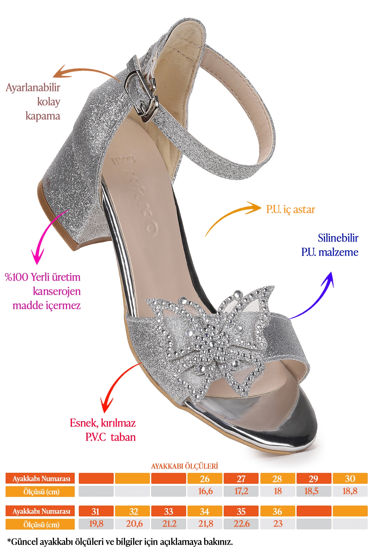 Zete Kum Simli Kız Çocuk 4 Cm Topuklu Sandalet Abiye Ayakkabı Gümüş - Görsel 3