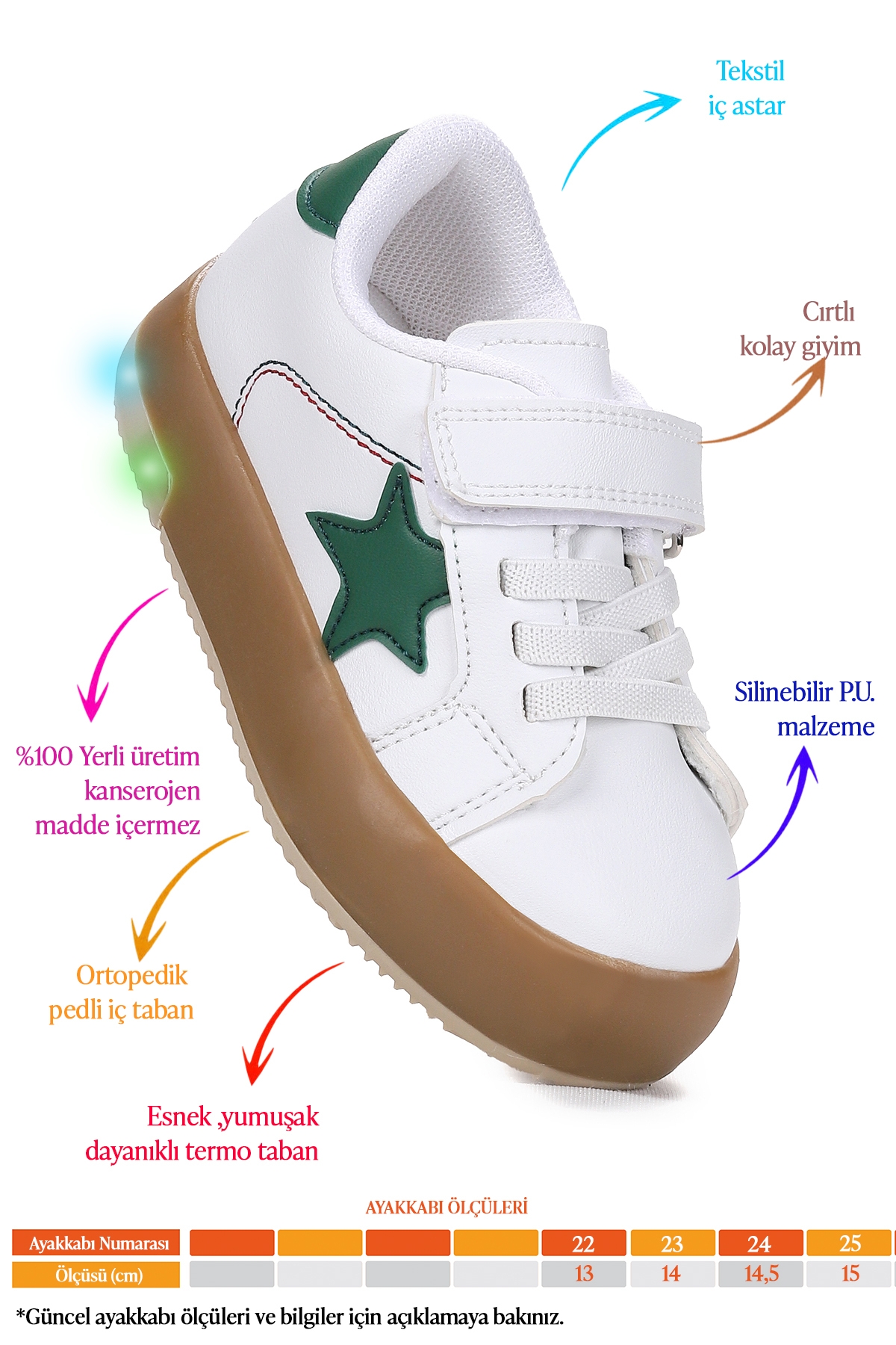 Rena Günlük Cırtlı Işıklı Erkek Bebek Spor Ayakkabı Beyaz - Yeşil - Görsel 3