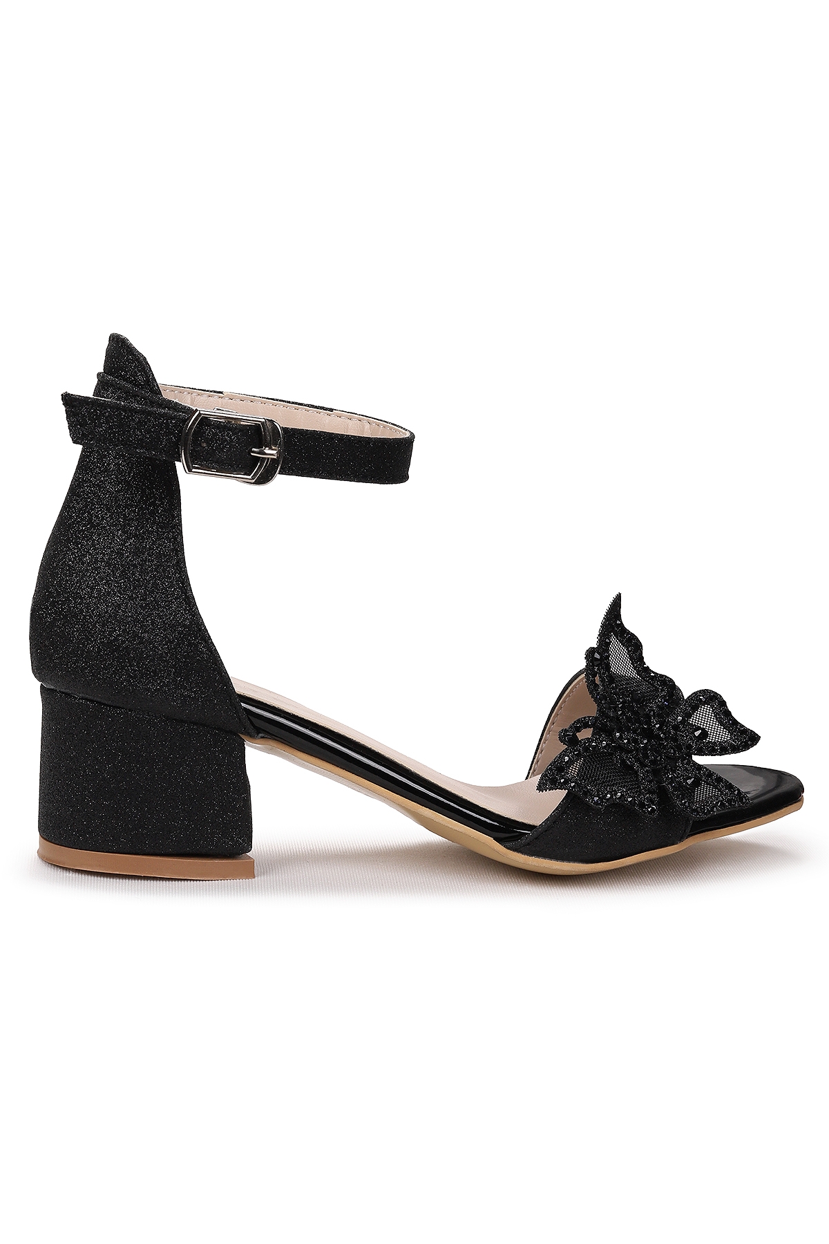 Zete Kum Simli Kız Çocuk 4 Cm Topuklu Sandalet Abiye Ayakkabı Siyah - Görsel 2