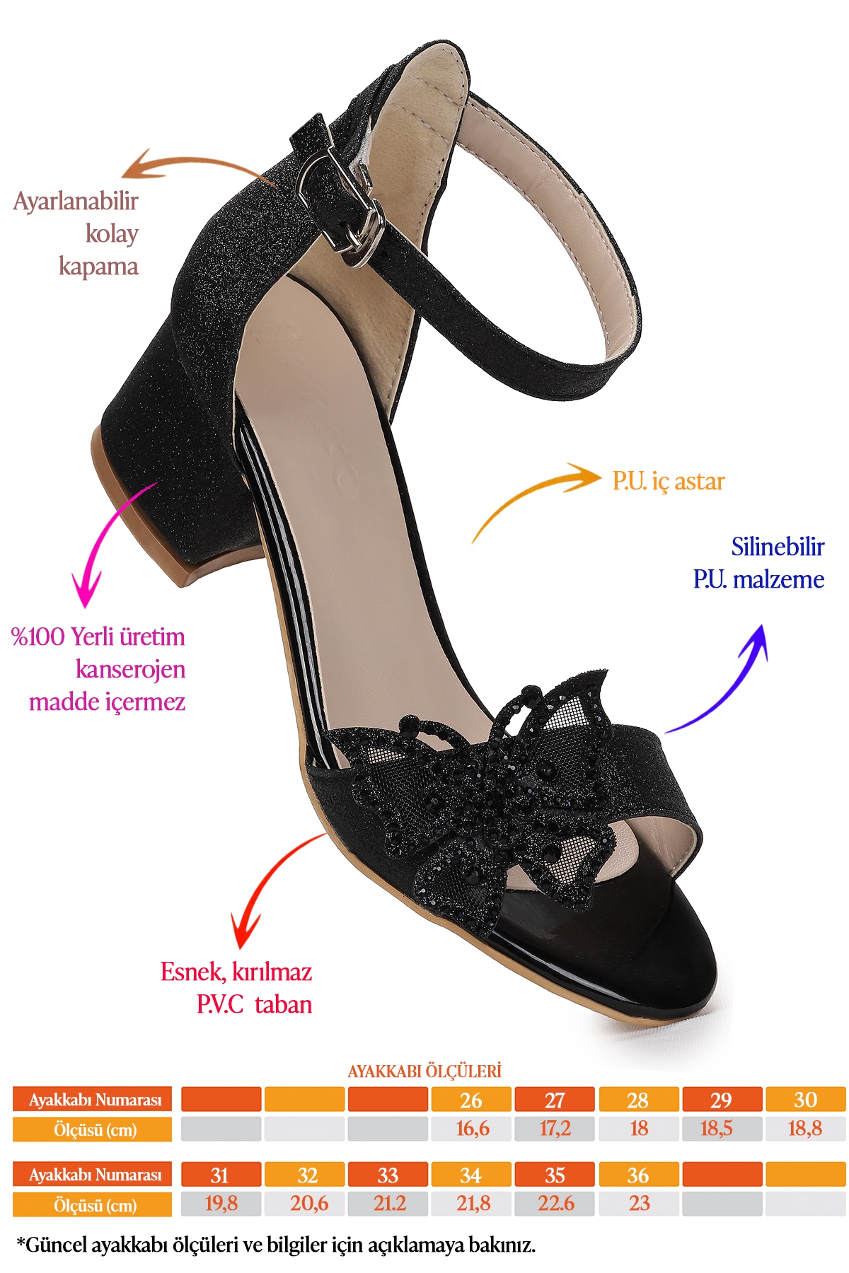 Zete Kum Simli Kız Çocuk 4 Cm Topuklu Sandalet Abiye Ayakkabı Siyah - Görsel 3