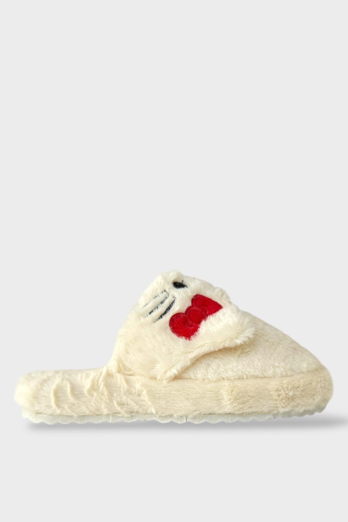 Kışlık Kadın HelloKitty Figürlü Kaydırmaz Taban Ev Ayakkabısı Panduf BEYAZ - Görsel 2