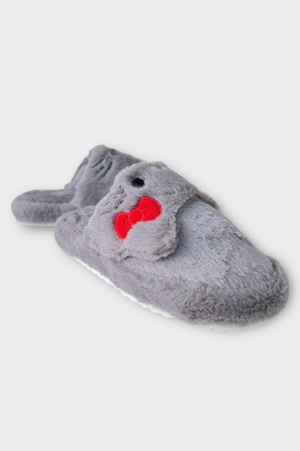 Kışlık Kadın HelloKitty Figürlü Kaydırmaz Taban Ev Ayakkabısı Panduf FÜME - Görsel 4
