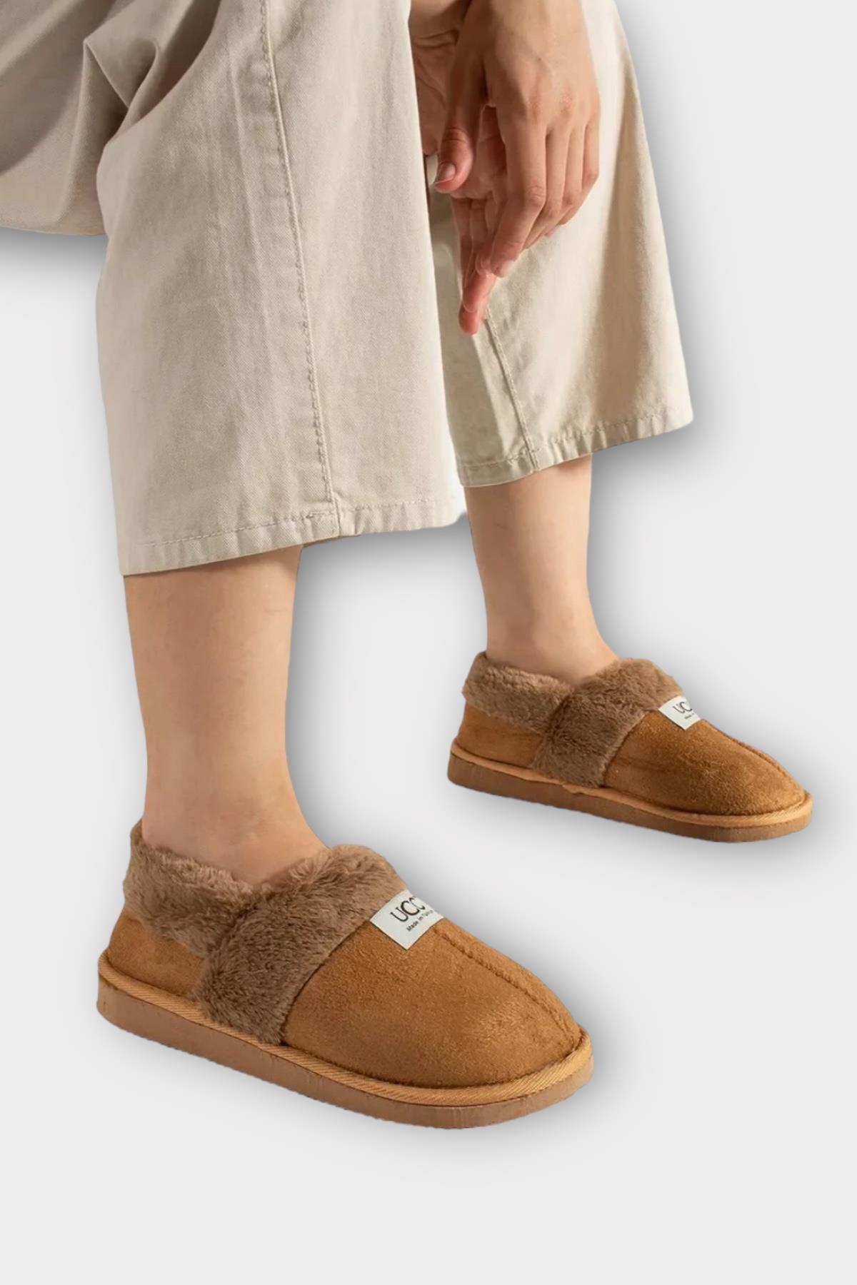 Ultra Hafif İçi Tüylü Ev Ayakkabısı Kadın Panduf TABA - Görsel 2