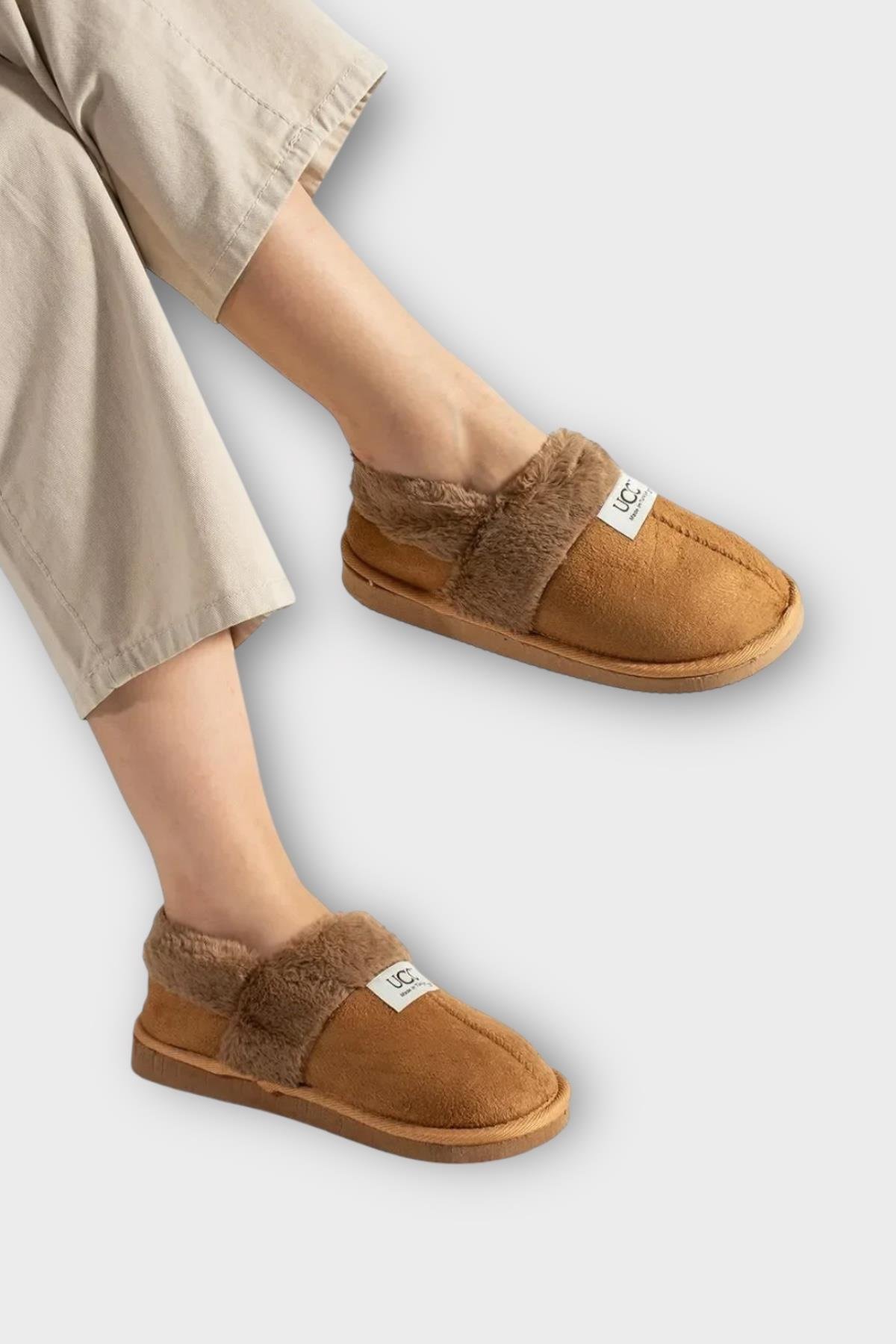 Ultra Hafif İçi Tüylü Ev Ayakkabısı Kadın Panduf TABA - Görsel 3
