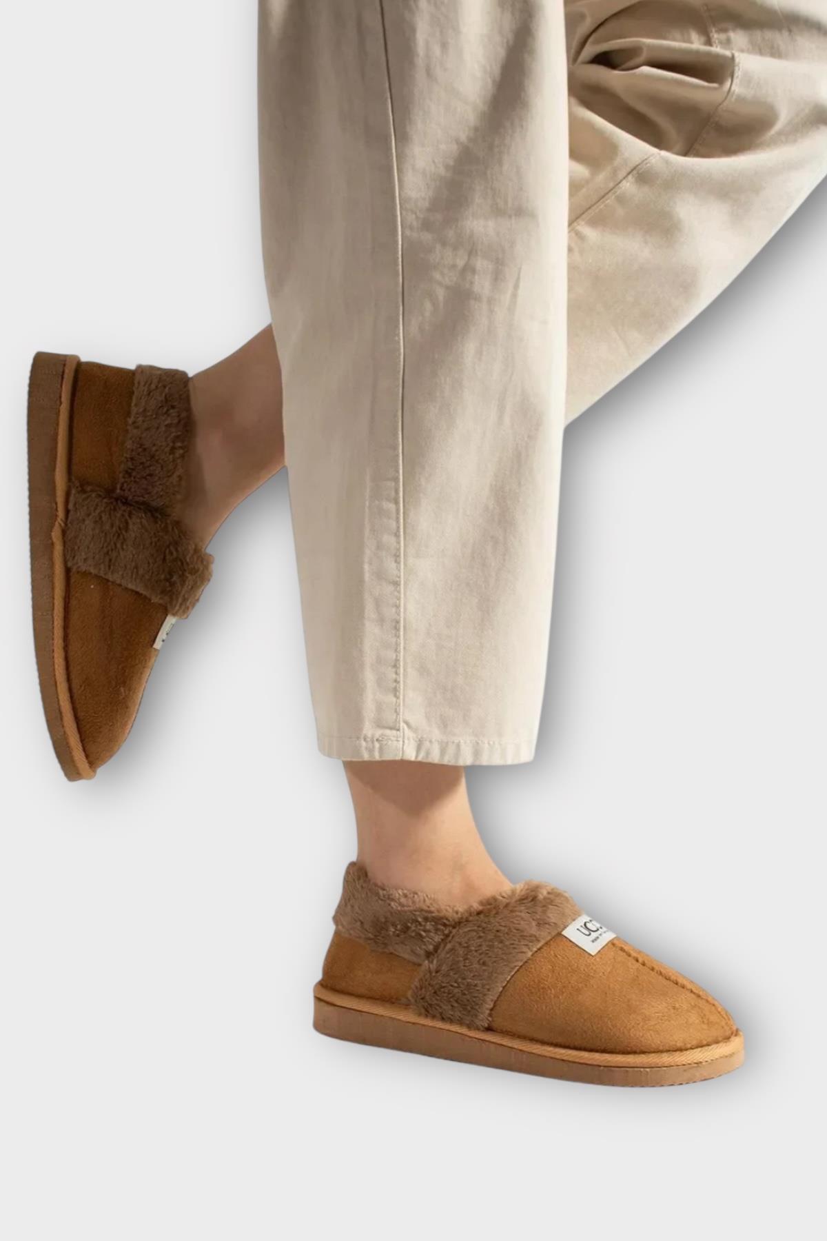 Ultra Hafif İçi Tüylü Ev Ayakkabısı Kadın Panduf TABA - Görsel 4