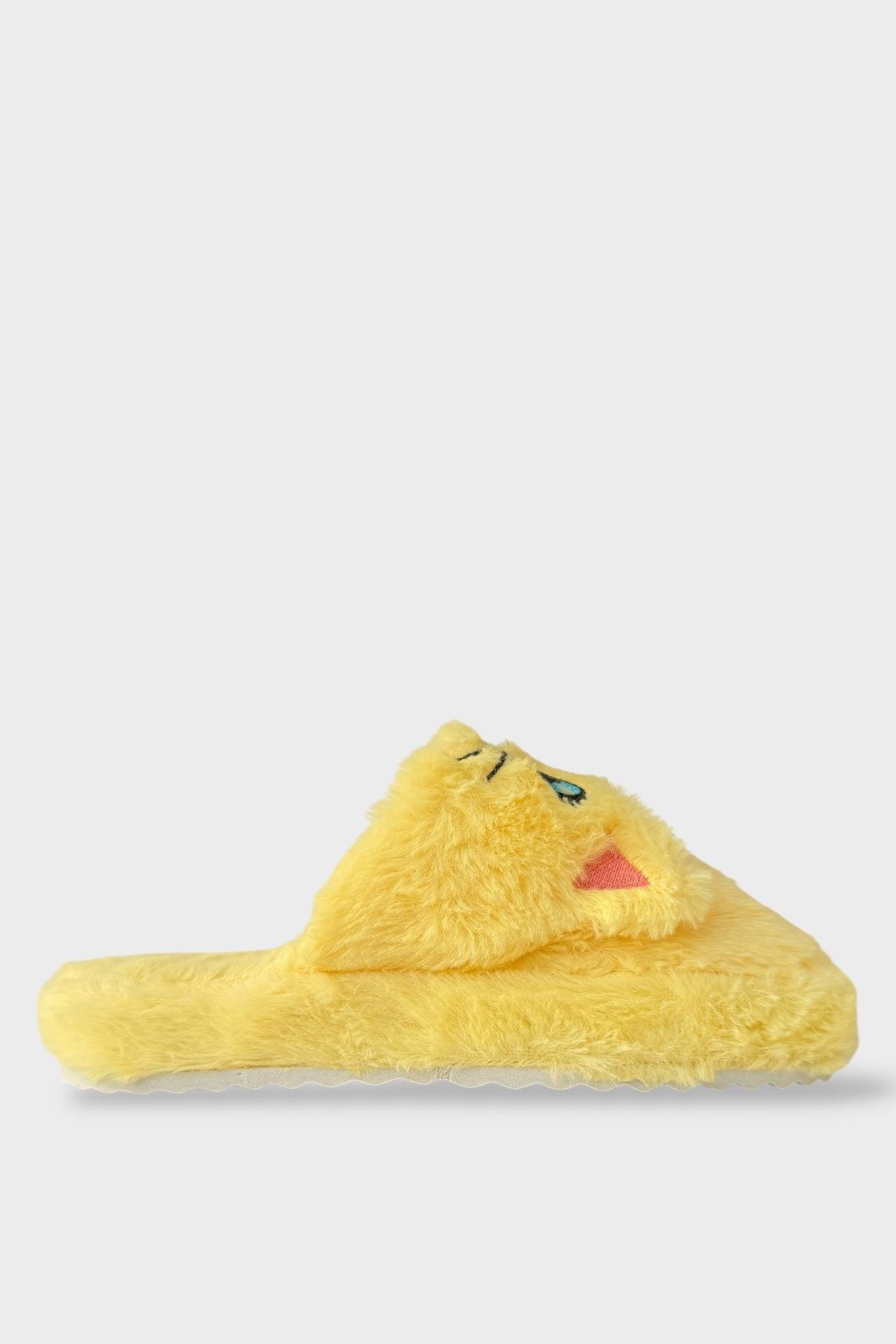 Kadın Kışlık Kedi Figürlü Kaydırmaz Taban Ev Terliği Panduf SARI - Görsel 2