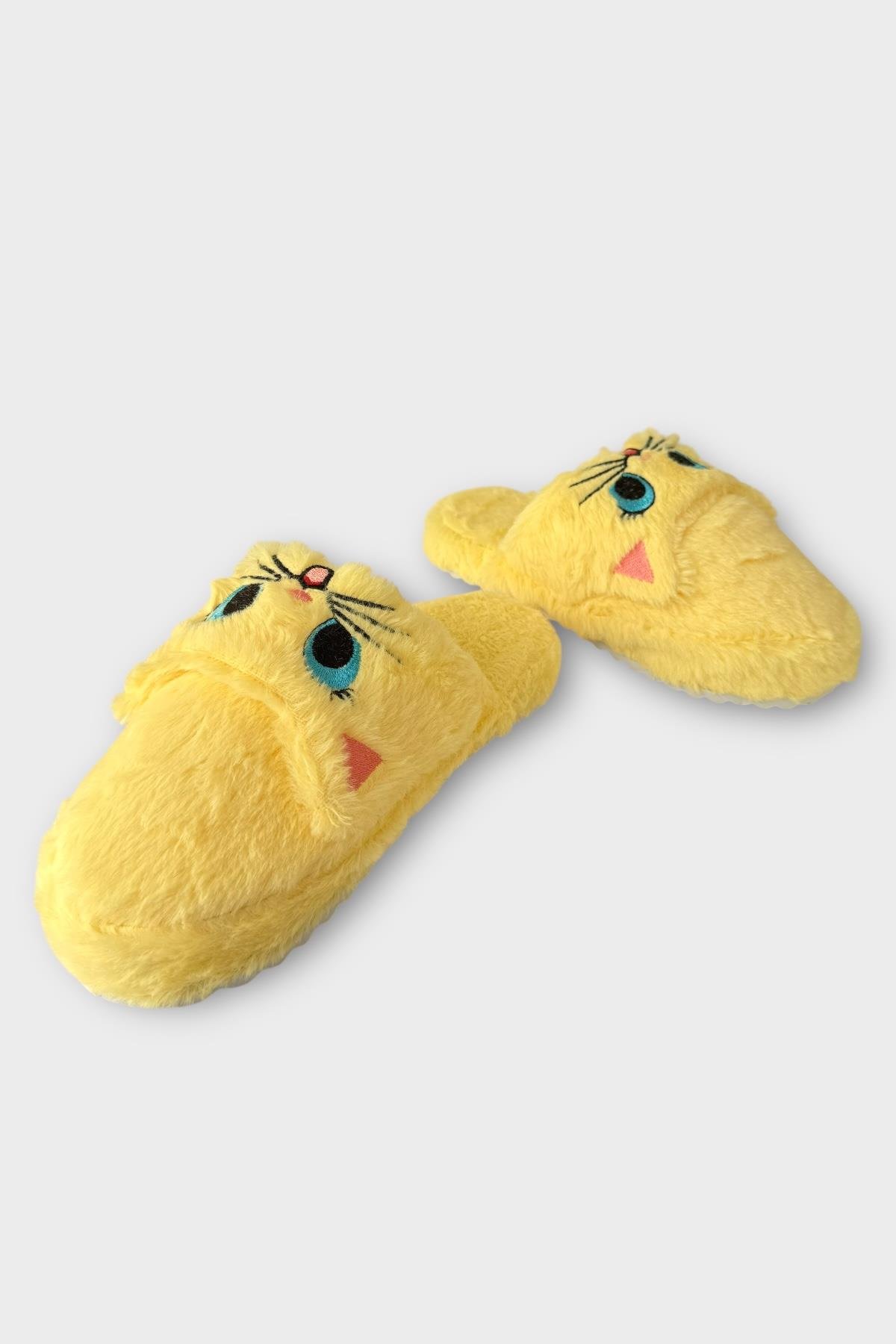Kadın Kışlık Kedi Figürlü Kaydırmaz Taban Ev Terliği Panduf SARI - Görsel 5