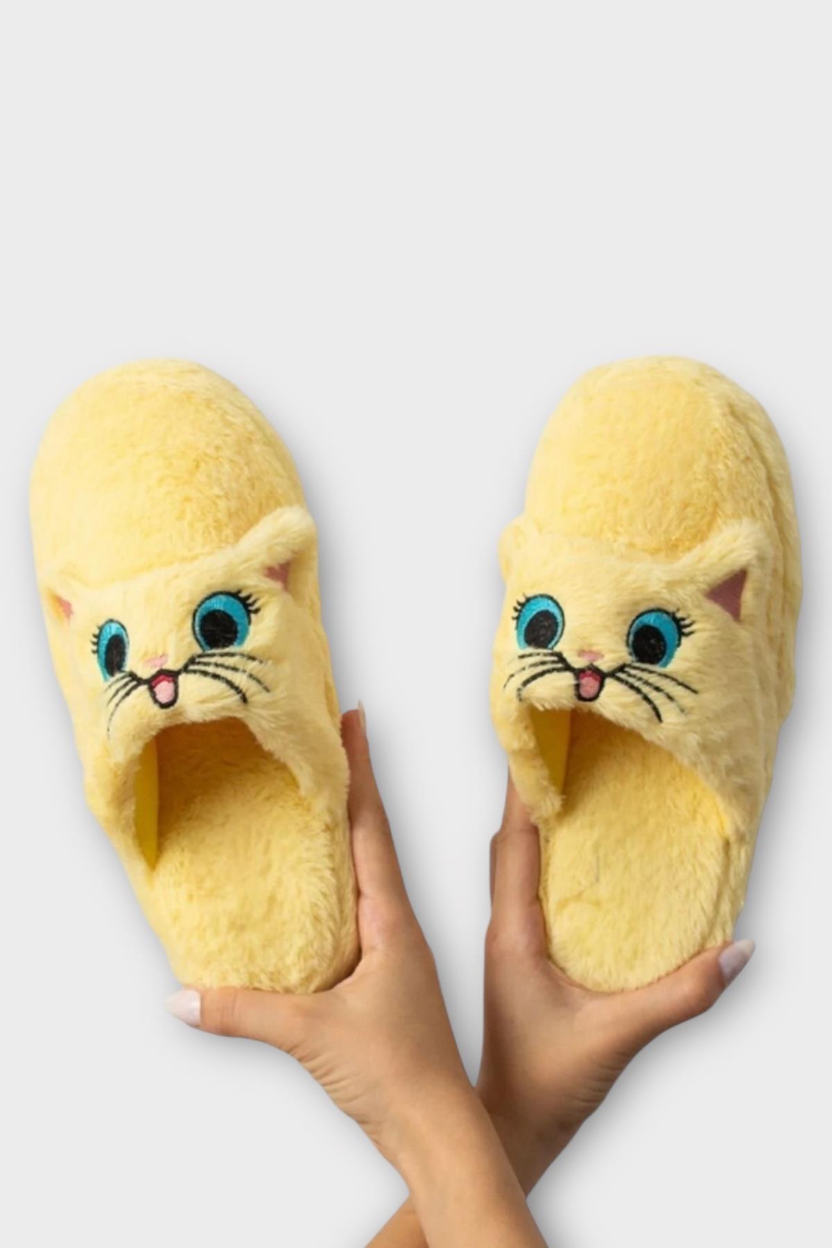 Kadın Kışlık Kedi Figürlü Kaydırmaz Taban Ev Terliği Panduf SARI - Görsel 7