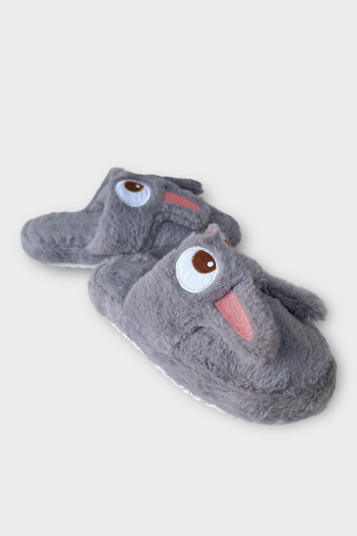 Kadın KışlıkTavşan Figürlü Kaydırmaz Taban Ev Terliği Panduf FÜME - Görsel 4