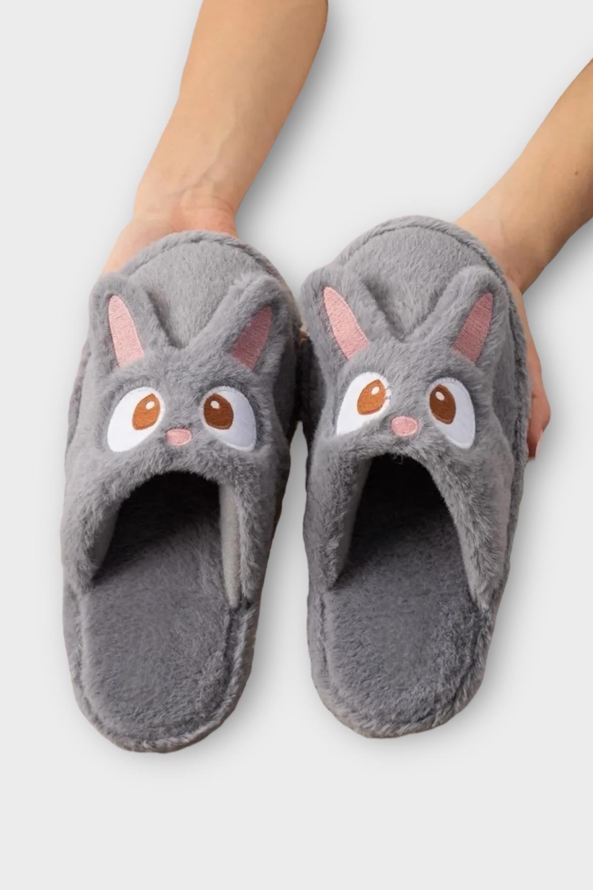 Kadın KışlıkTavşan Figürlü Kaydırmaz Taban Ev Terliği Panduf FÜME - Görsel 6