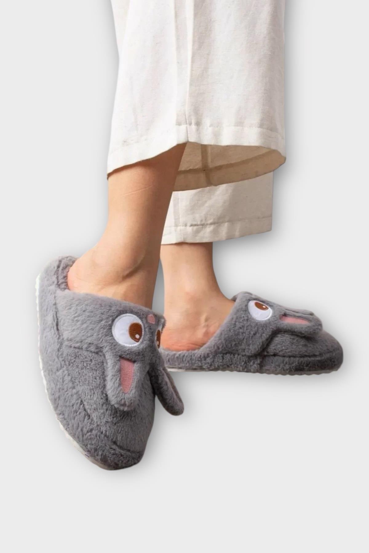 Kadın KışlıkTavşan Figürlü Kaydırmaz Taban Ev Terliği Panduf FÜME - Görsel 8