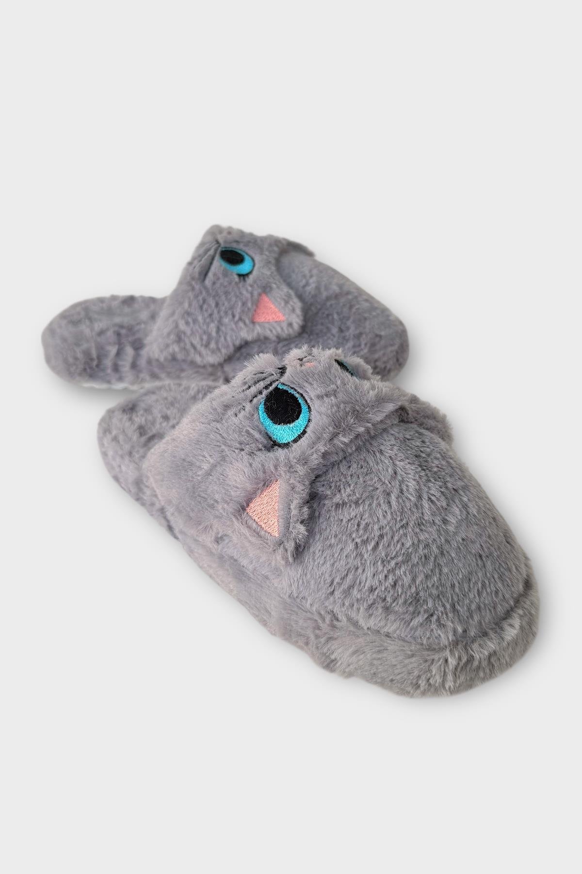 Kadın Kışlık Kedi Figürlü Kaydırmaz Taban Ev Terliği Panduf FÜME - Görsel 3