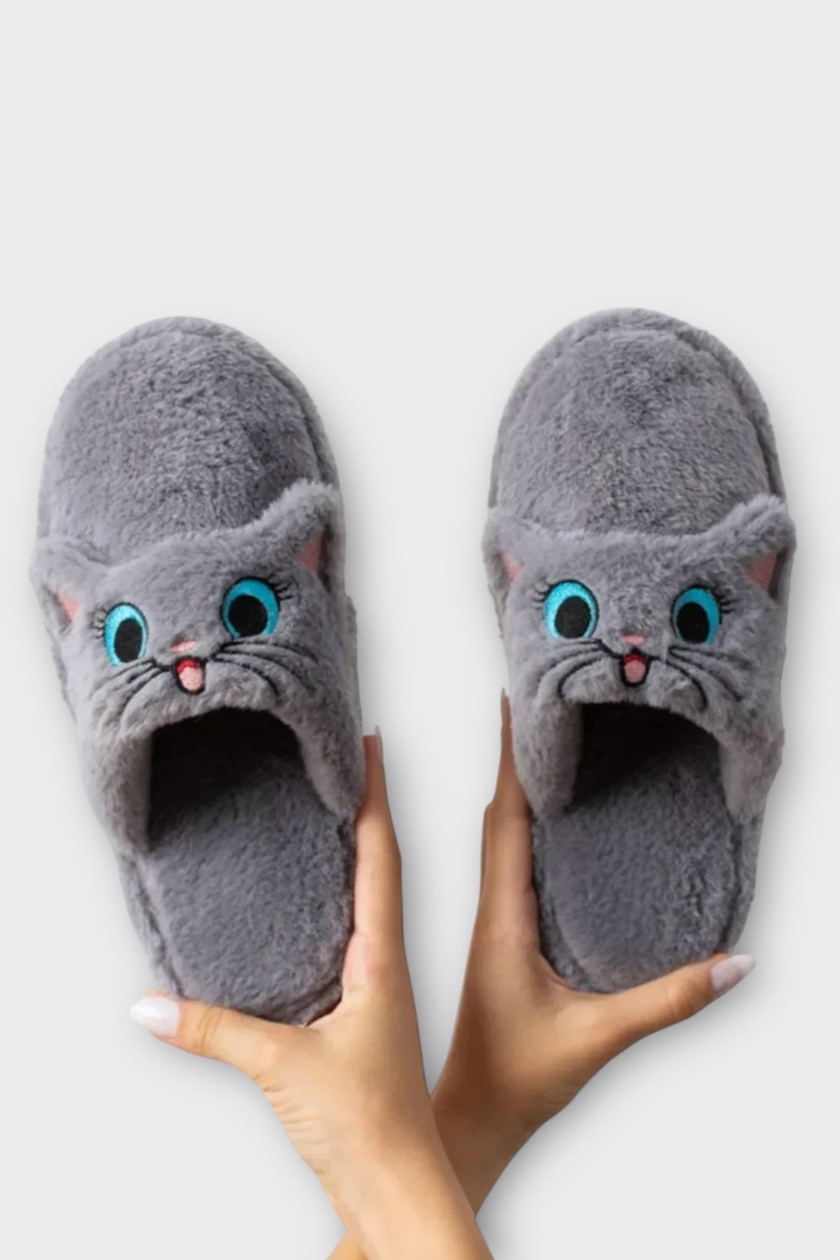 Kadın Kışlık Kedi Figürlü Kaydırmaz Taban Ev Terliği Panduf FÜME - Görsel 7