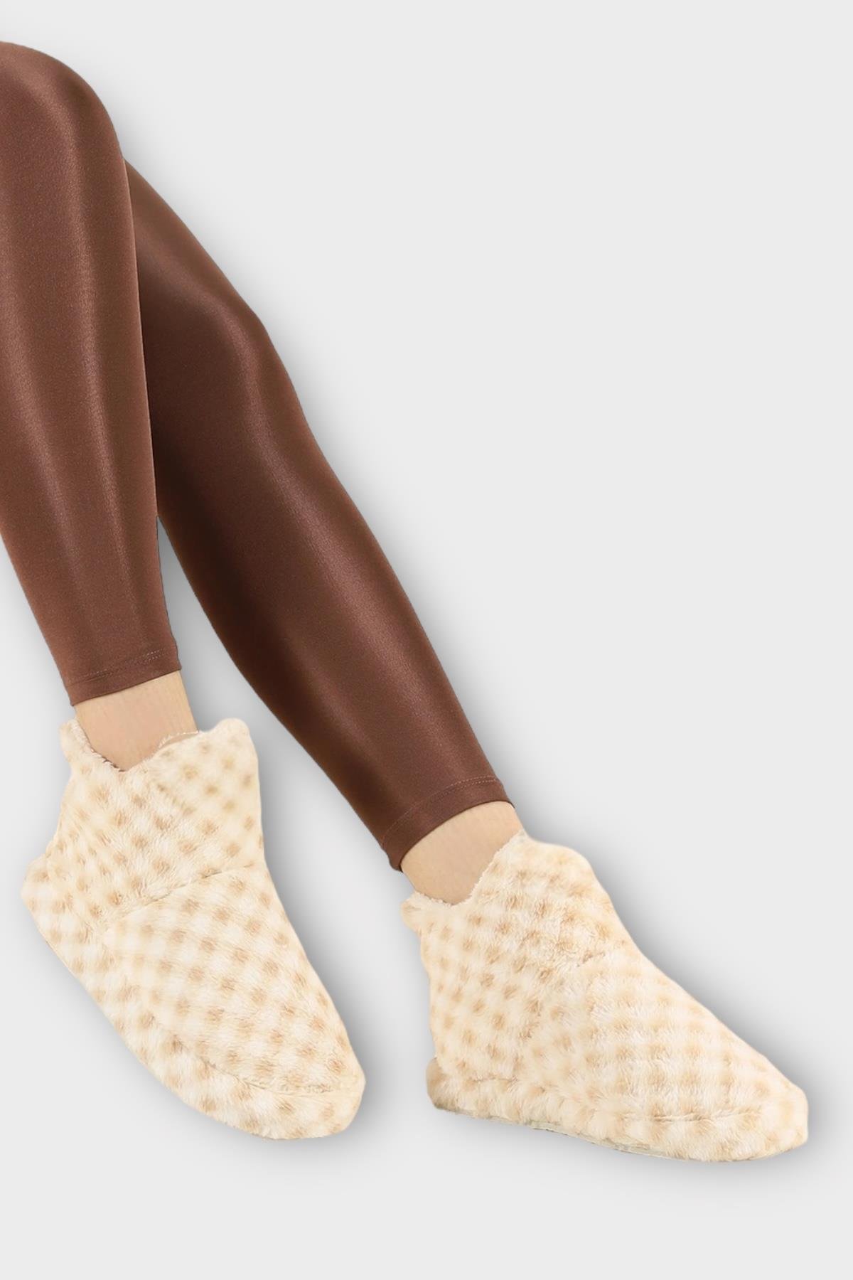 Kadın Piti Kareli Ev Botu Panduf BEJ - Görsel 4