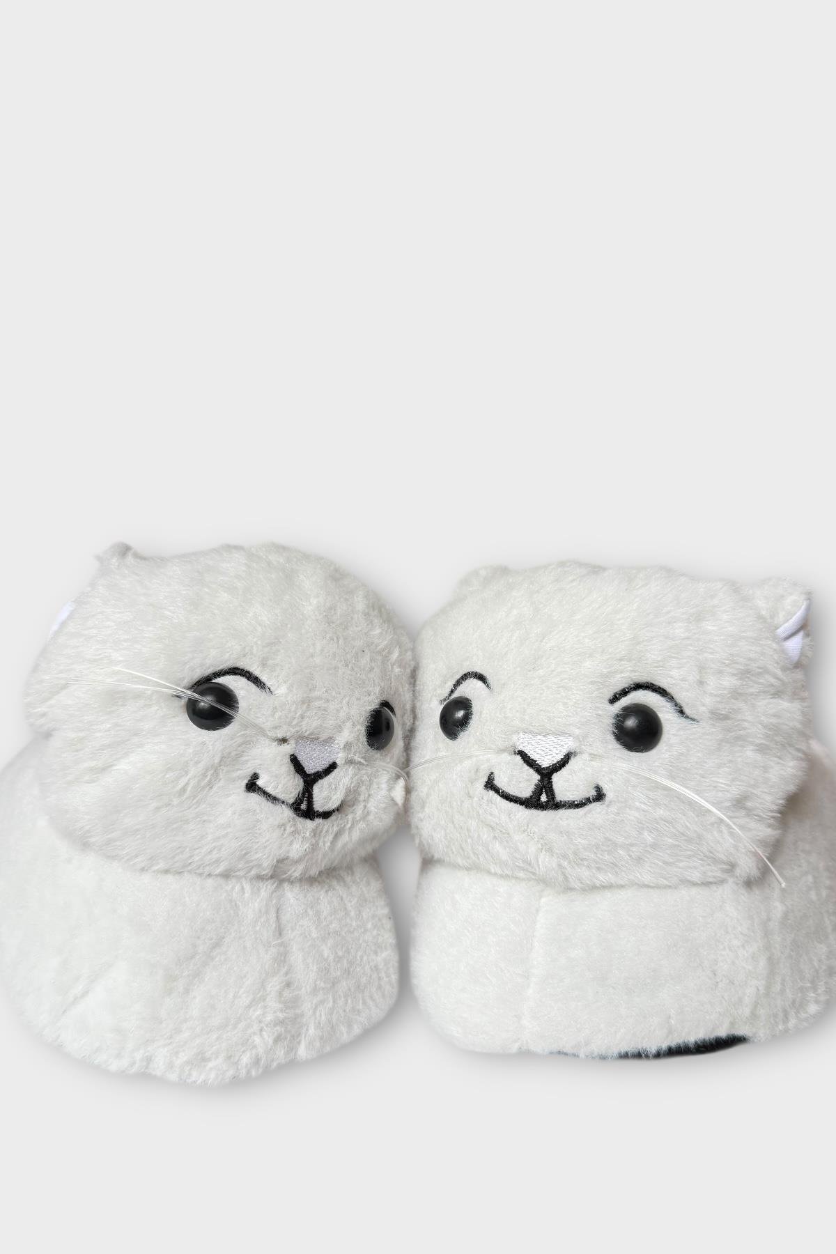 Kadın Sevimli Kedi Figürlü Peluş Panduf BEYAZ - Görsel 3