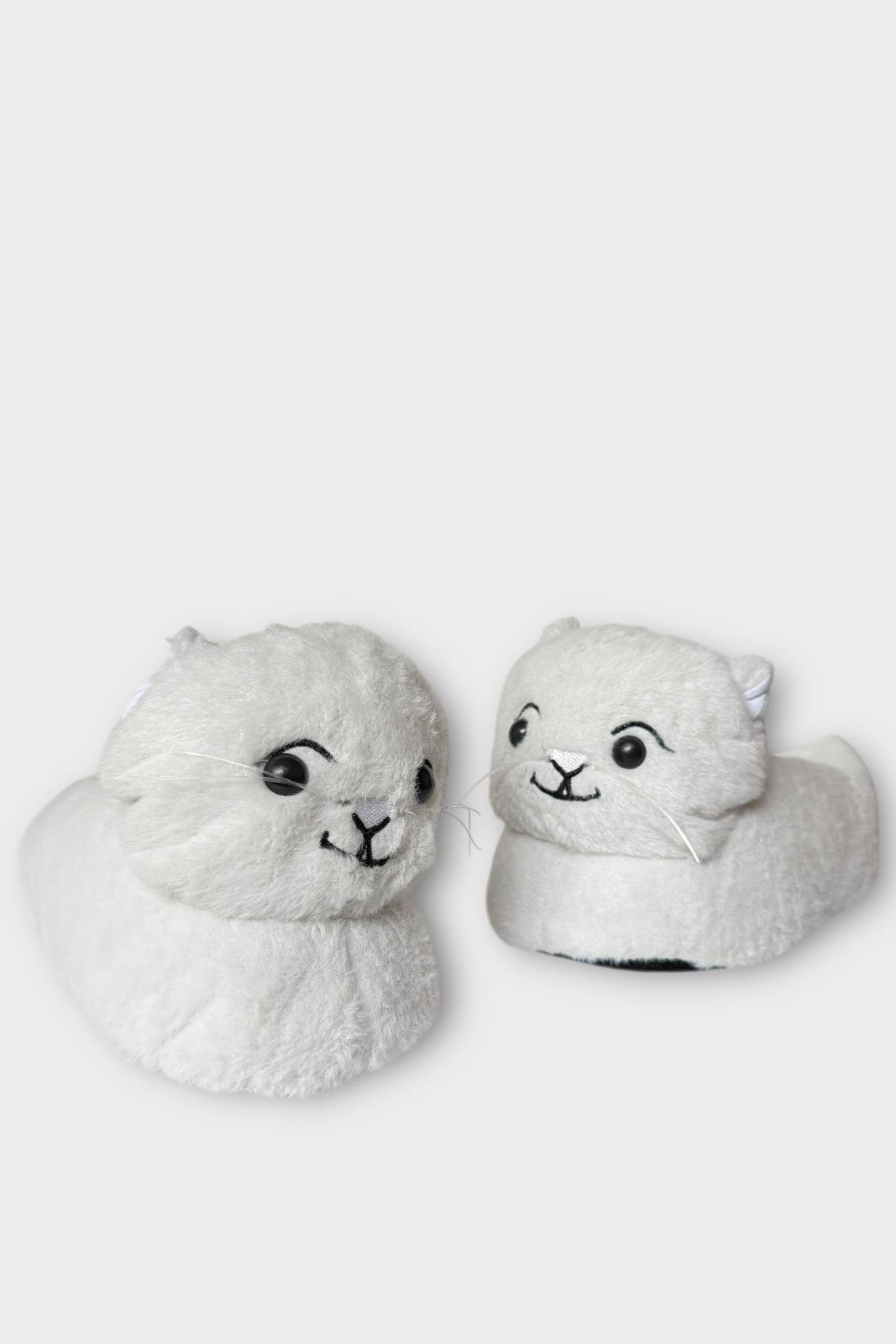 Kadın Sevimli Kedi Figürlü Peluş Panduf BEYAZ - Görsel 4