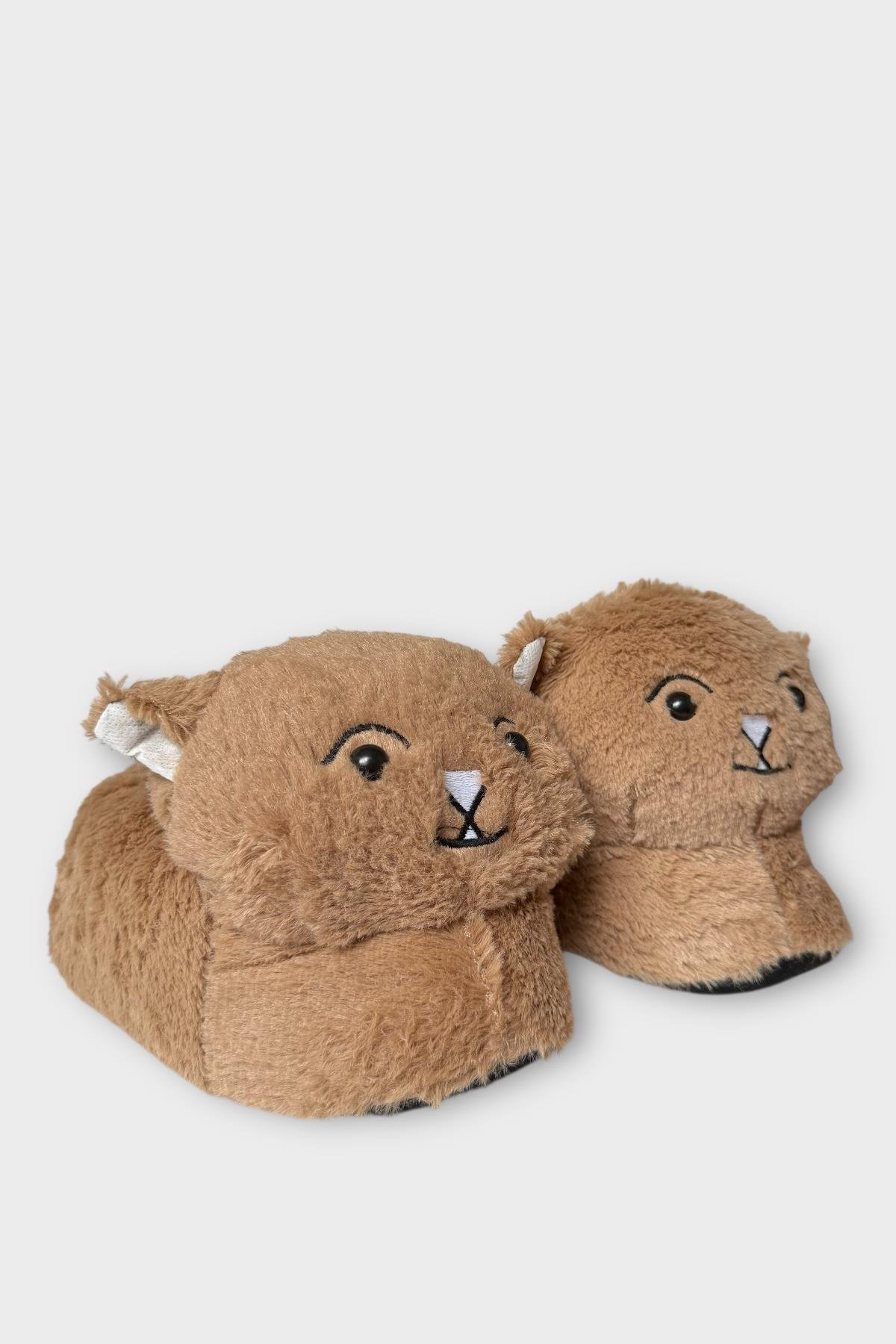 Kadın Sevimli Kedi Figürlü Peluş Panduf VİZON - Görsel 2