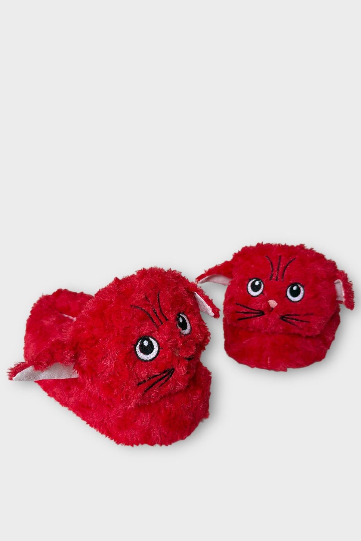 Kadın Sevimli Kedi Figürlü Peluş Panduf KIRMIZI - Görsel 3