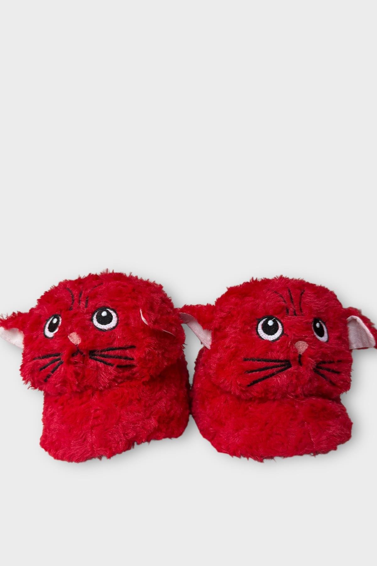 Kadın Sevimli Kedi Figürlü Peluş Panduf KIRMIZI - Görsel 4