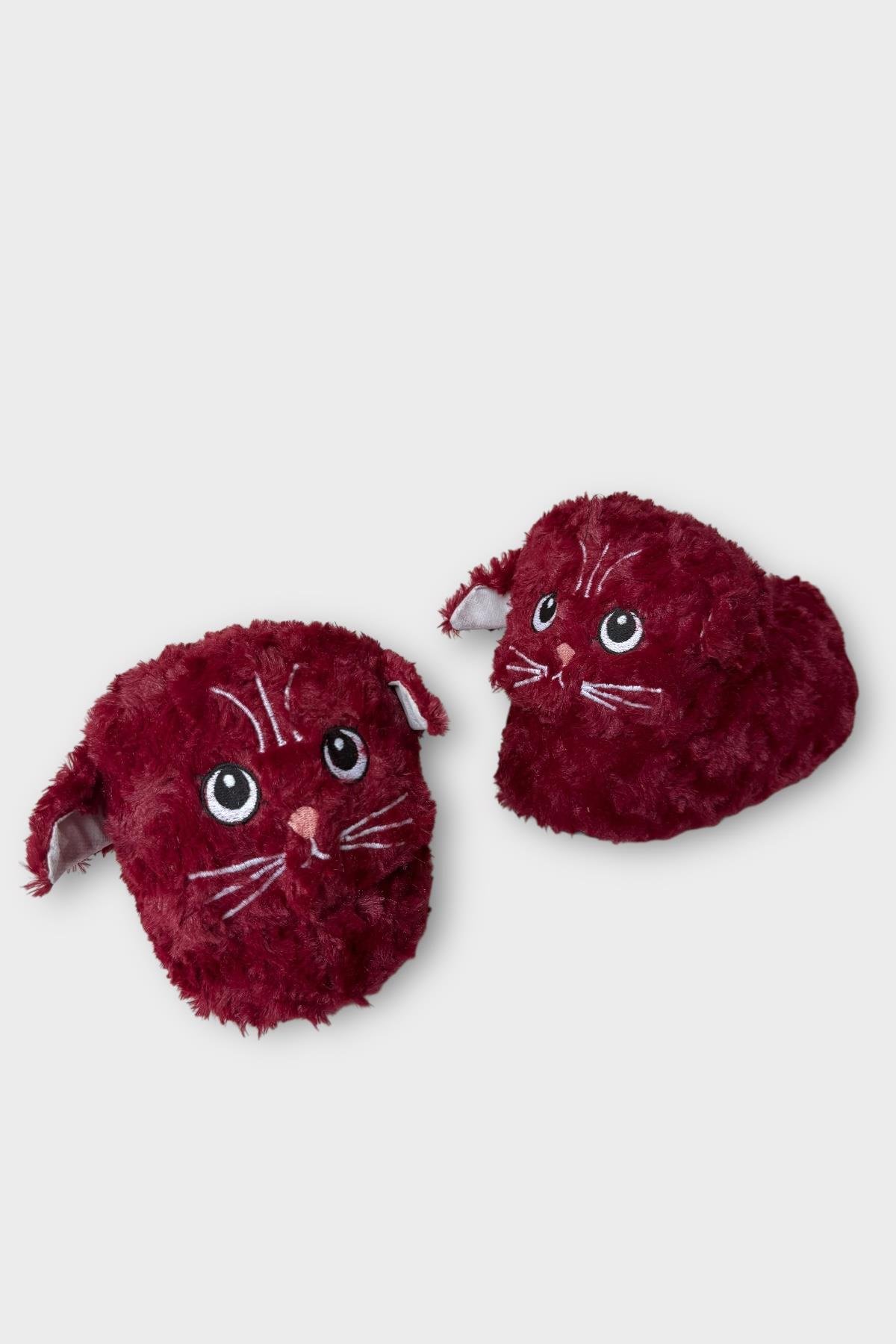 Kadın Sevimli Kedi Figürlü Peluş Panduf BORDO - Görsel 4