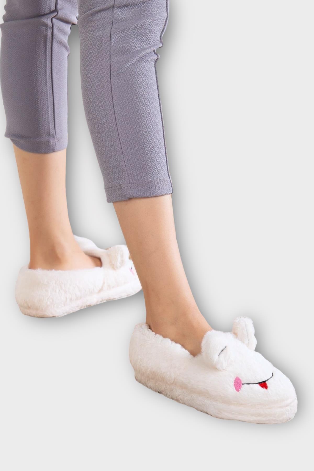 Kışlık Kadın Panduf Ev Ayakkabısı | Kurbağa Figürlü | Kaydırmaz Taban BEYAZ - Görsel 2