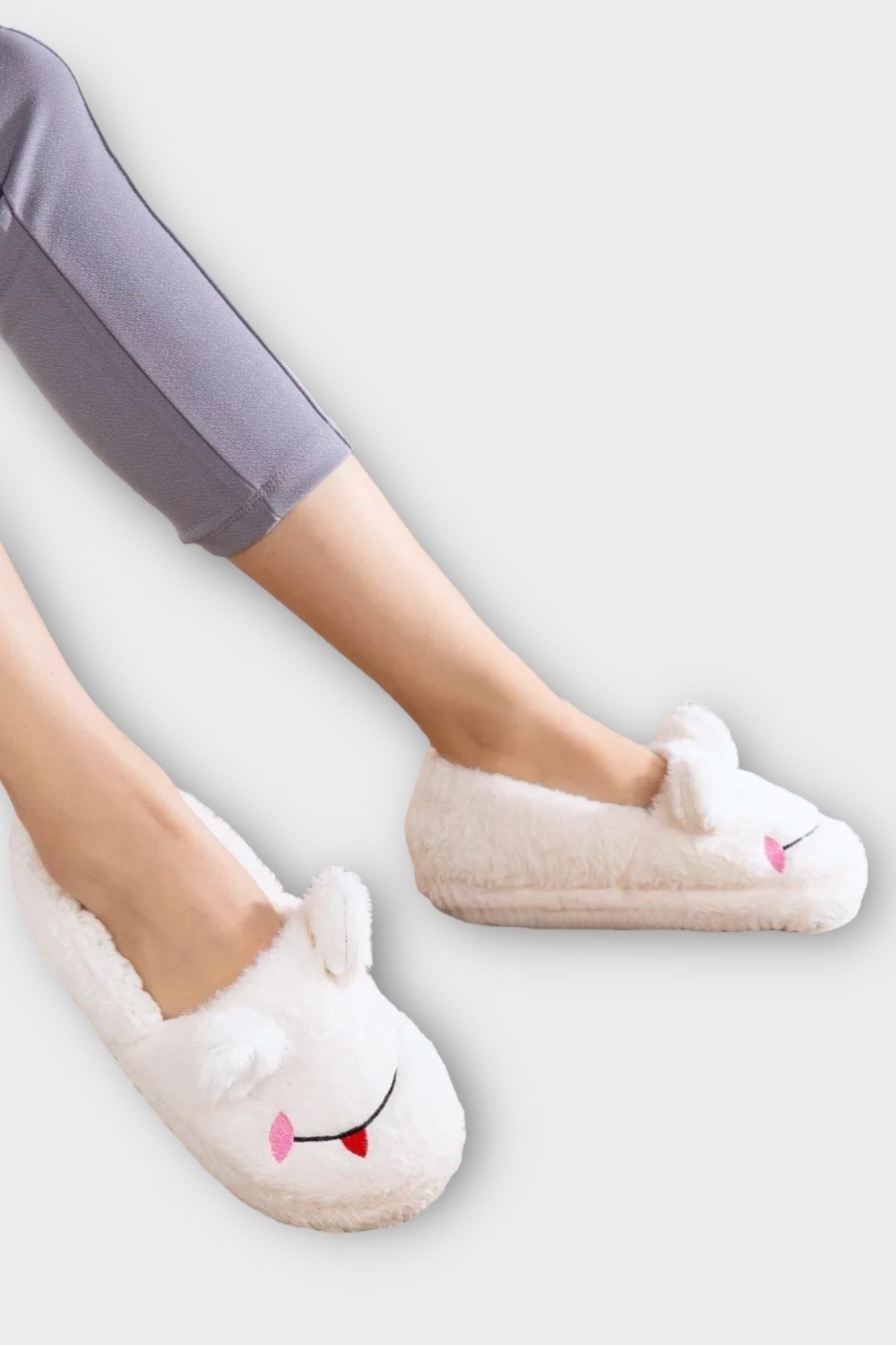 Kışlık Kadın Panduf Ev Ayakkabısı | Kurbağa Figürlü | Kaydırmaz Taban BEYAZ - Görsel 3