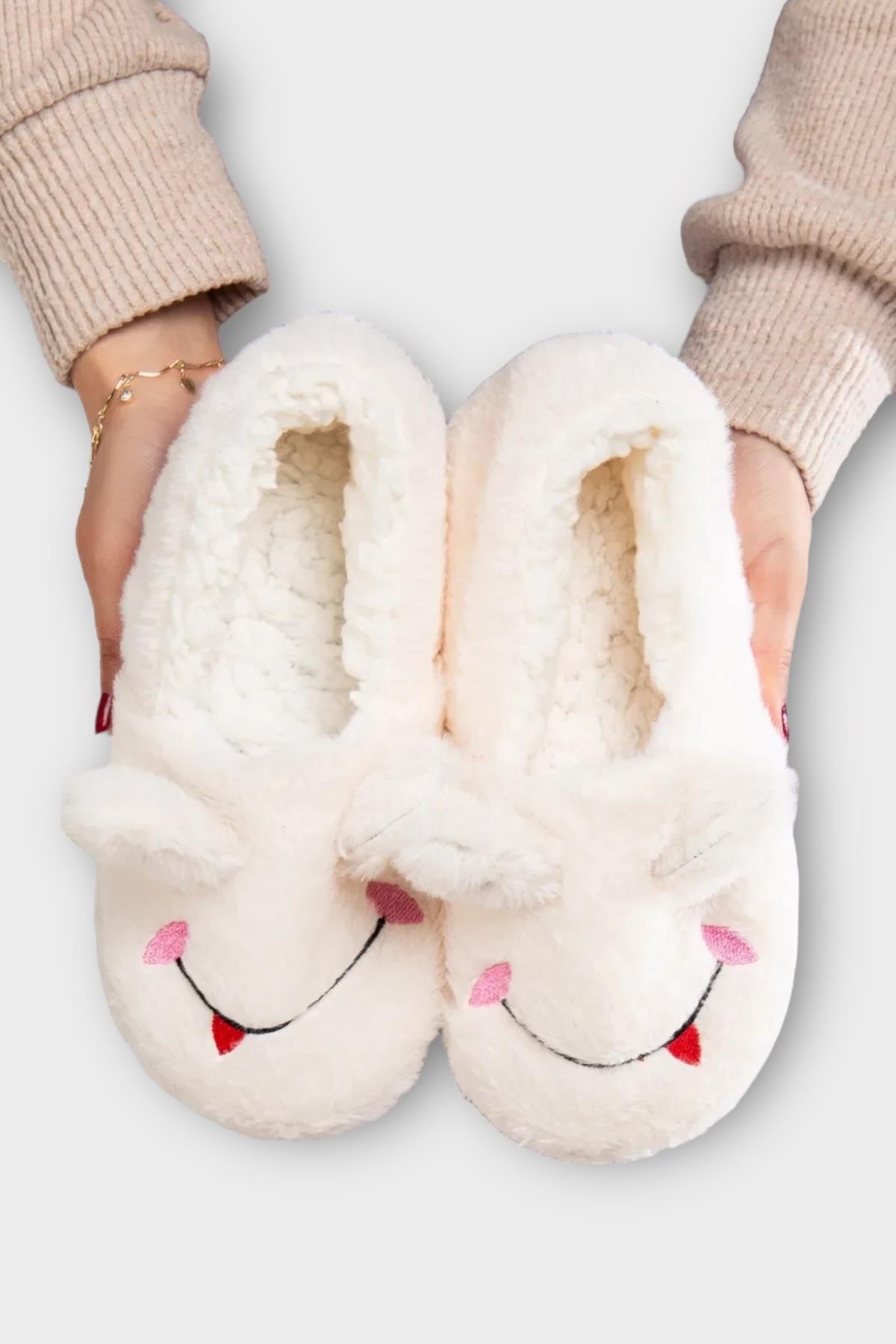 Kışlık Kadın Panduf Ev Ayakkabısı | Kurbağa Figürlü | Kaydırmaz Taban BEYAZ - Görsel 4