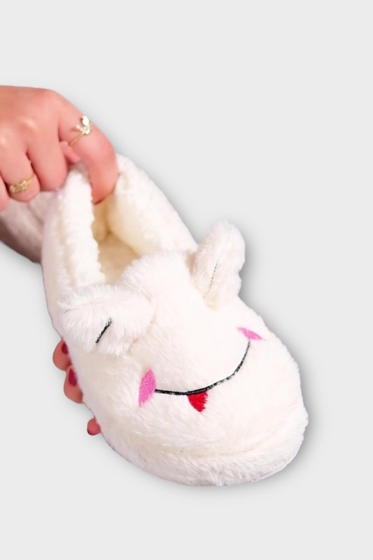 Kışlık Kadın Panduf Ev Ayakkabısı | Kurbağa Figürlü | Kaydırmaz Taban BEYAZ - Görsel 5